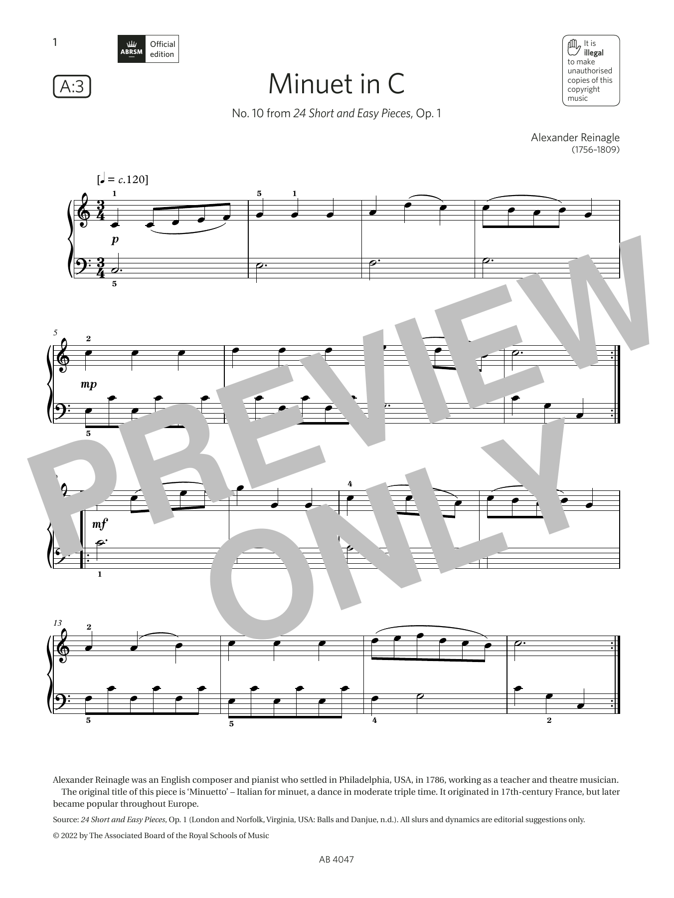 Download Alexander Reinagle Minuet in C (Grade 1, list A3, from the ABRSM Piano Syllabus 2023 & 2024) Sheet Music and learn how to play Piano Solo PDF digital score in minutes