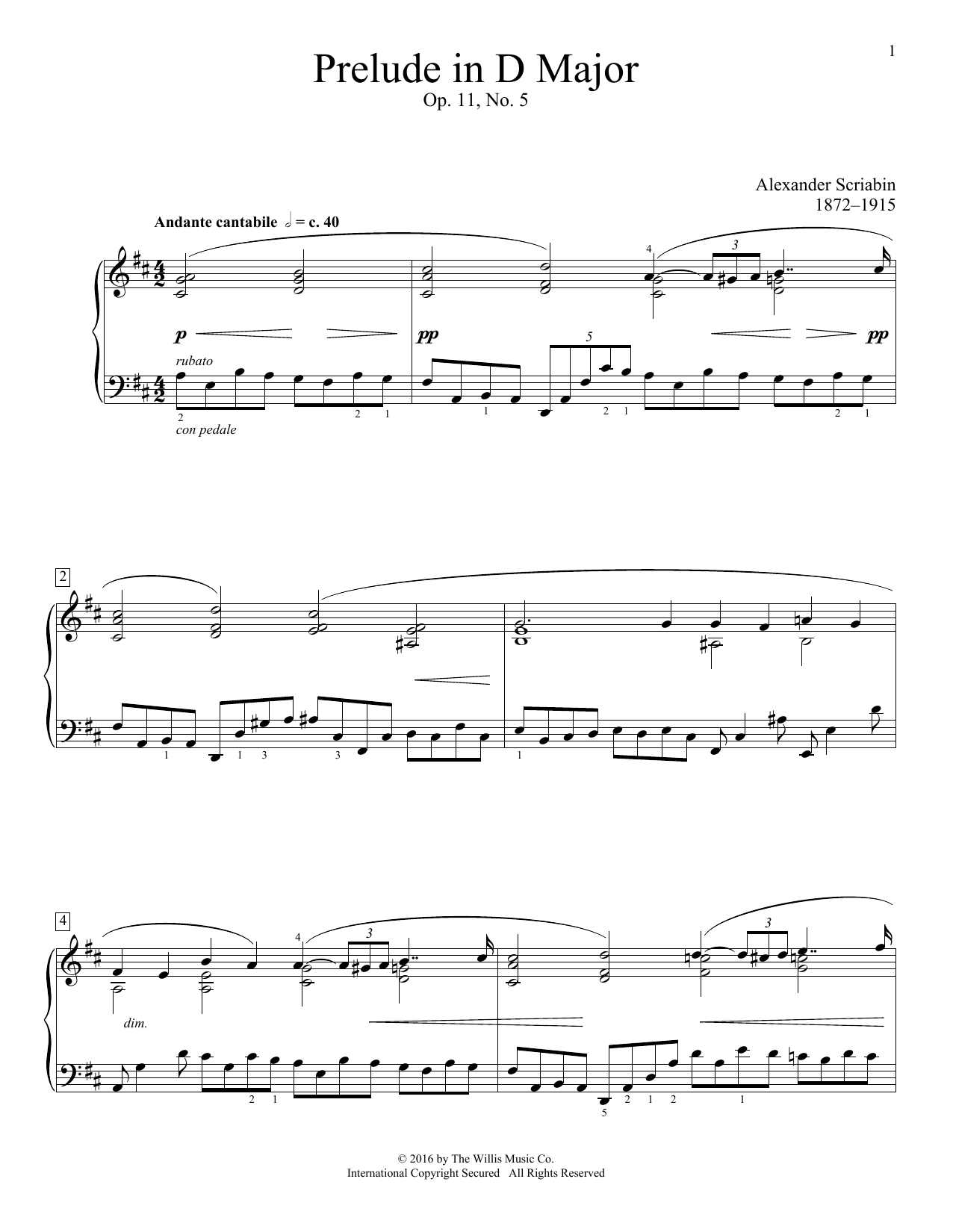 Download Alexander Scriabin Prelude In D Major, Op. 11, No. 5 Sheet Music and learn how to play Educational Piano PDF digital score in minutes