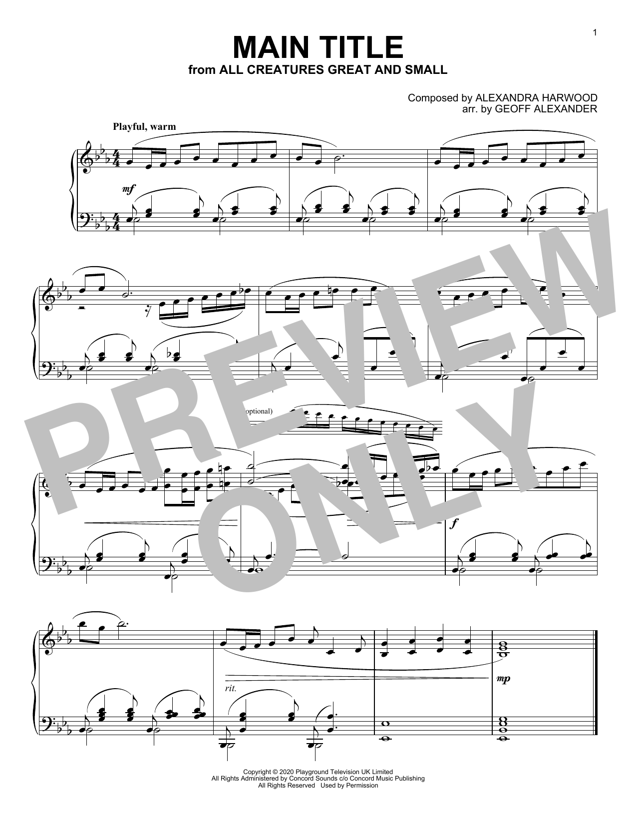 Download Alexandra Harwood All Creatures Great And Small (Main Title) Sheet Music and learn how to play Easy Piano PDF digital score in minutes