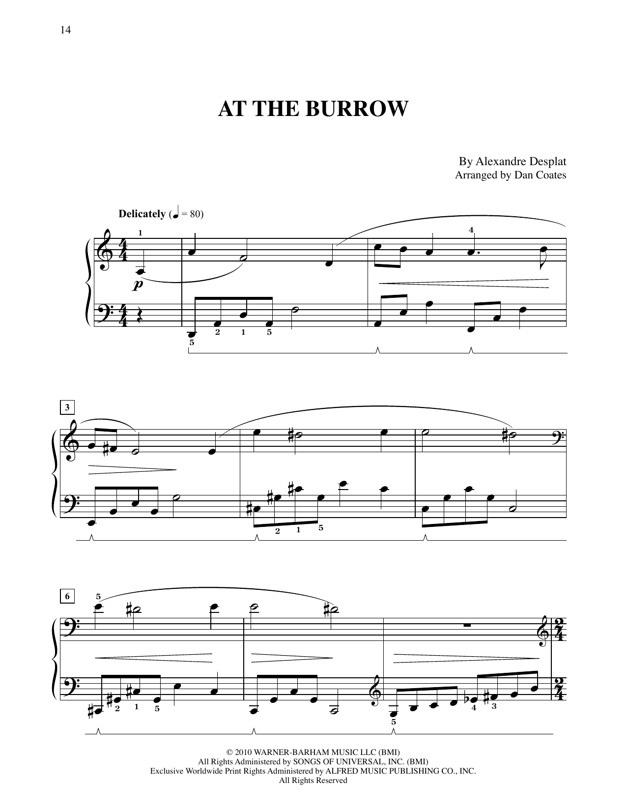 Download Alexandre Desplat At The Burrow (from Harry Potter And The Deathly Gallows, Pt. 1) (arr. Dan Coate Sheet Music and learn how to play Easy Piano PDF digital score in minutes