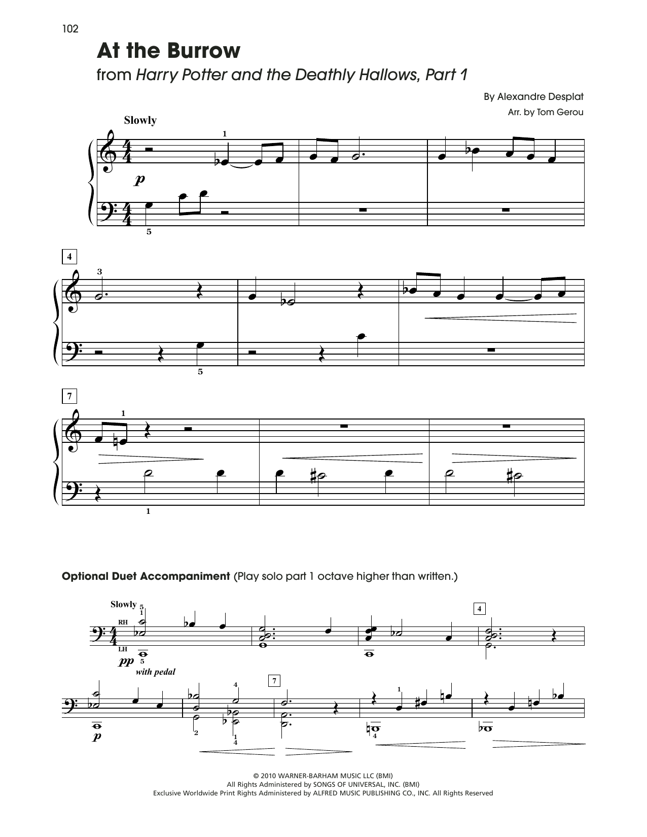 Download Alexandre Desplat At The Burrow (from Harry Potter) (arr. Tom Gerou) Sheet Music and learn how to play 5-Finger Piano PDF digital score in minutes