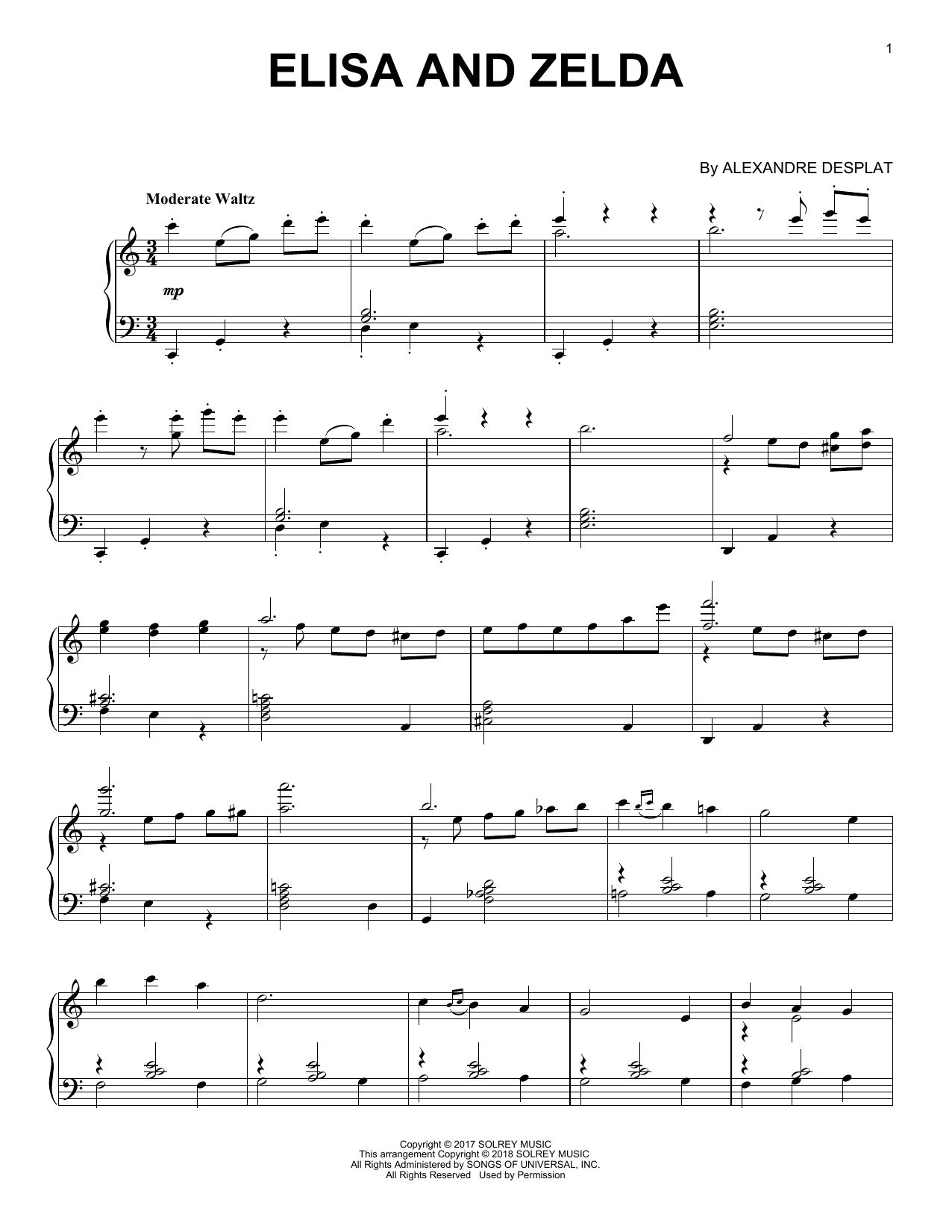 Download Alexandre Desplat Elisa And Zelda (from 'The Shape Of Water') Sheet Music and learn how to play Piano PDF digital score in minutes