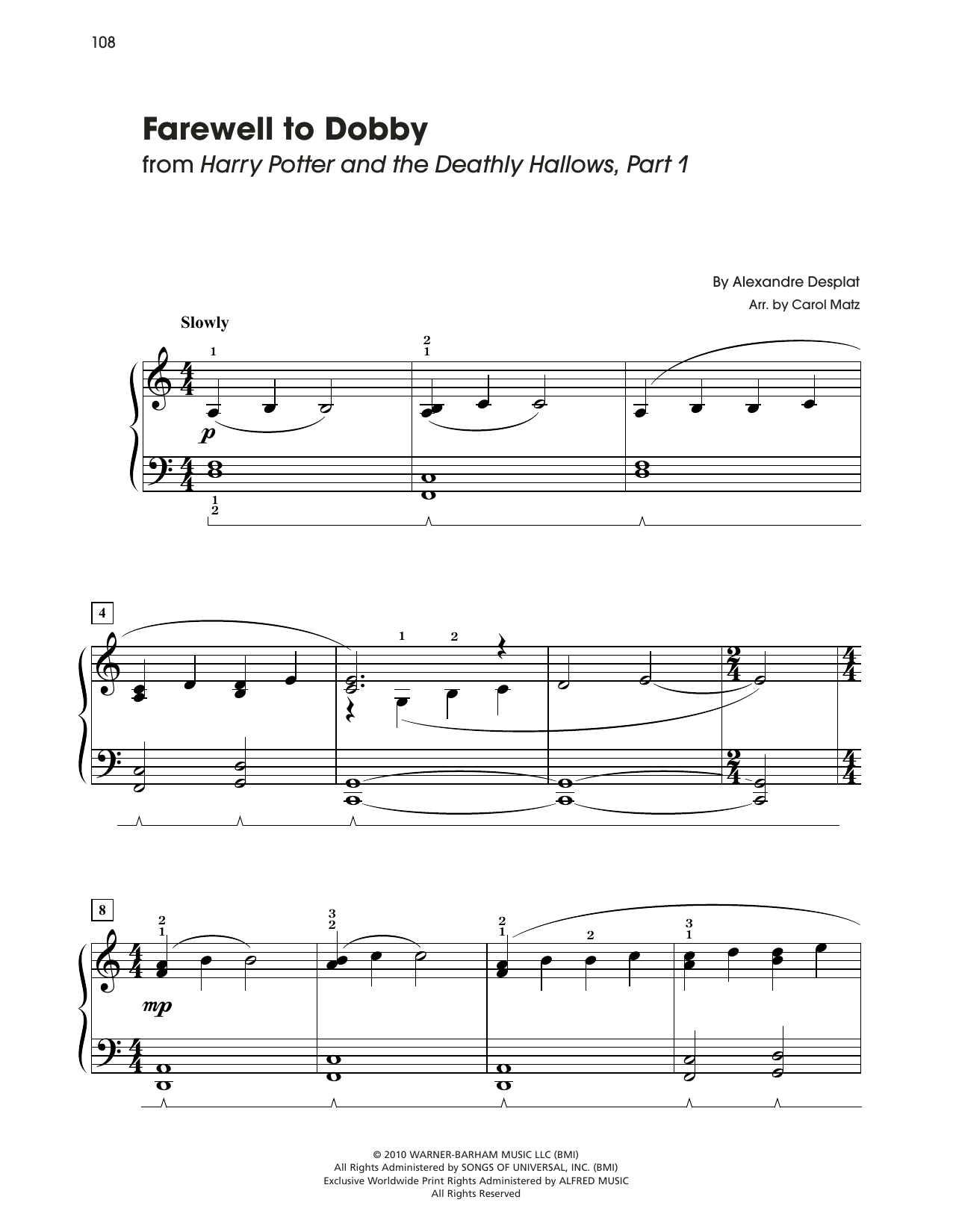 Download Alexandre Desplat Farewell To Dobby (from Harry Potter) (arr. Carol Matz) Sheet Music and learn how to play Big Note Piano PDF digital score in minutes