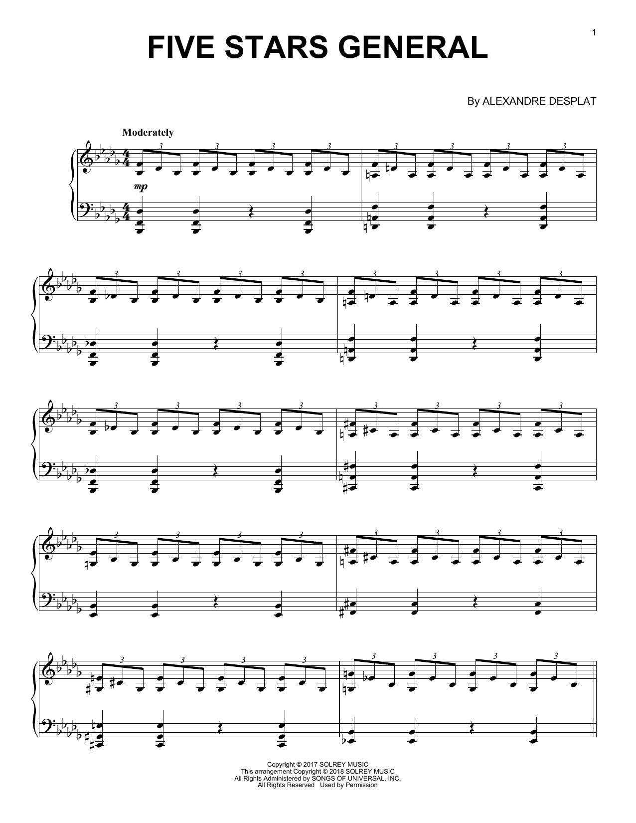Download Alexandre Desplat Five Stars General (from 'The Shape Of Water') Sheet Music and learn how to play Piano PDF digital score in minutes