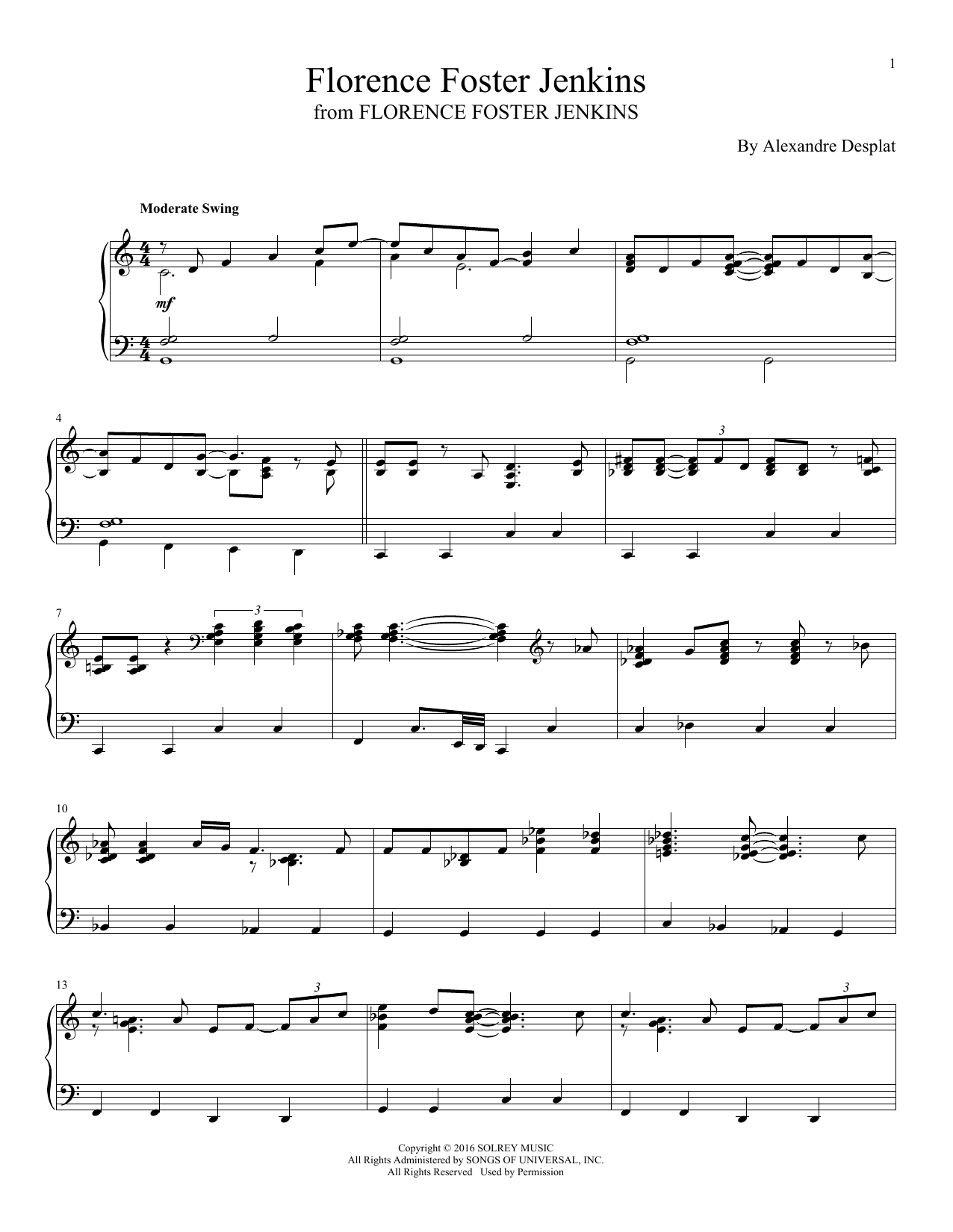 Download Alexandre Desplat Florence Foster Jenkins Sheet Music and learn how to play Piano PDF digital score in minutes