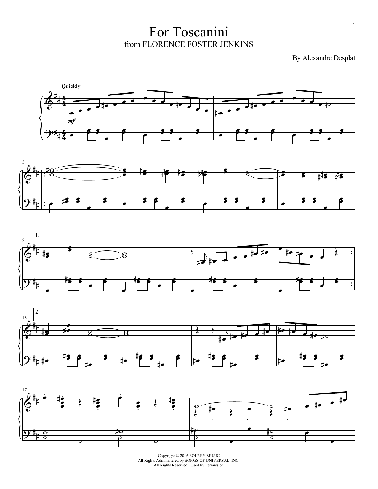 Download Alexandre Desplat For Toscanini Sheet Music and learn how to play Piano PDF digital score in minutes