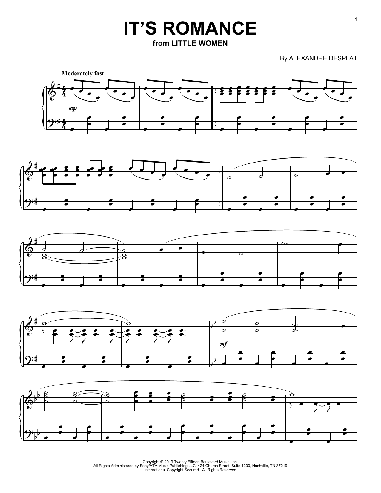 Download Alexandre Desplat It's Romance (from the Motion Picture Little Women) Sheet Music and learn how to play Piano Solo PDF digital score in minutes