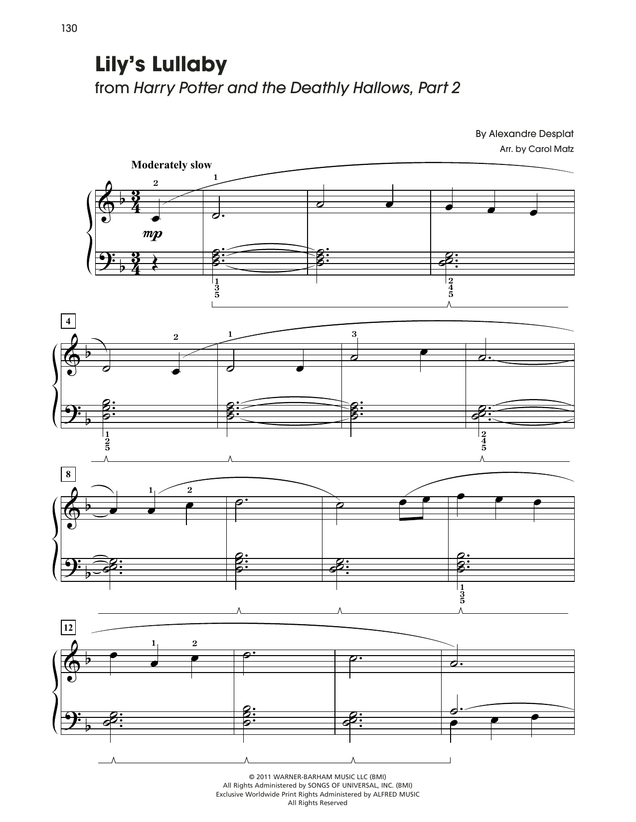 Download Alexandre Desplat Lily's Lullaby (from Harry Potter) (arr. Carol Matz) Sheet Music and learn how to play Big Note Piano PDF digital score in minutes