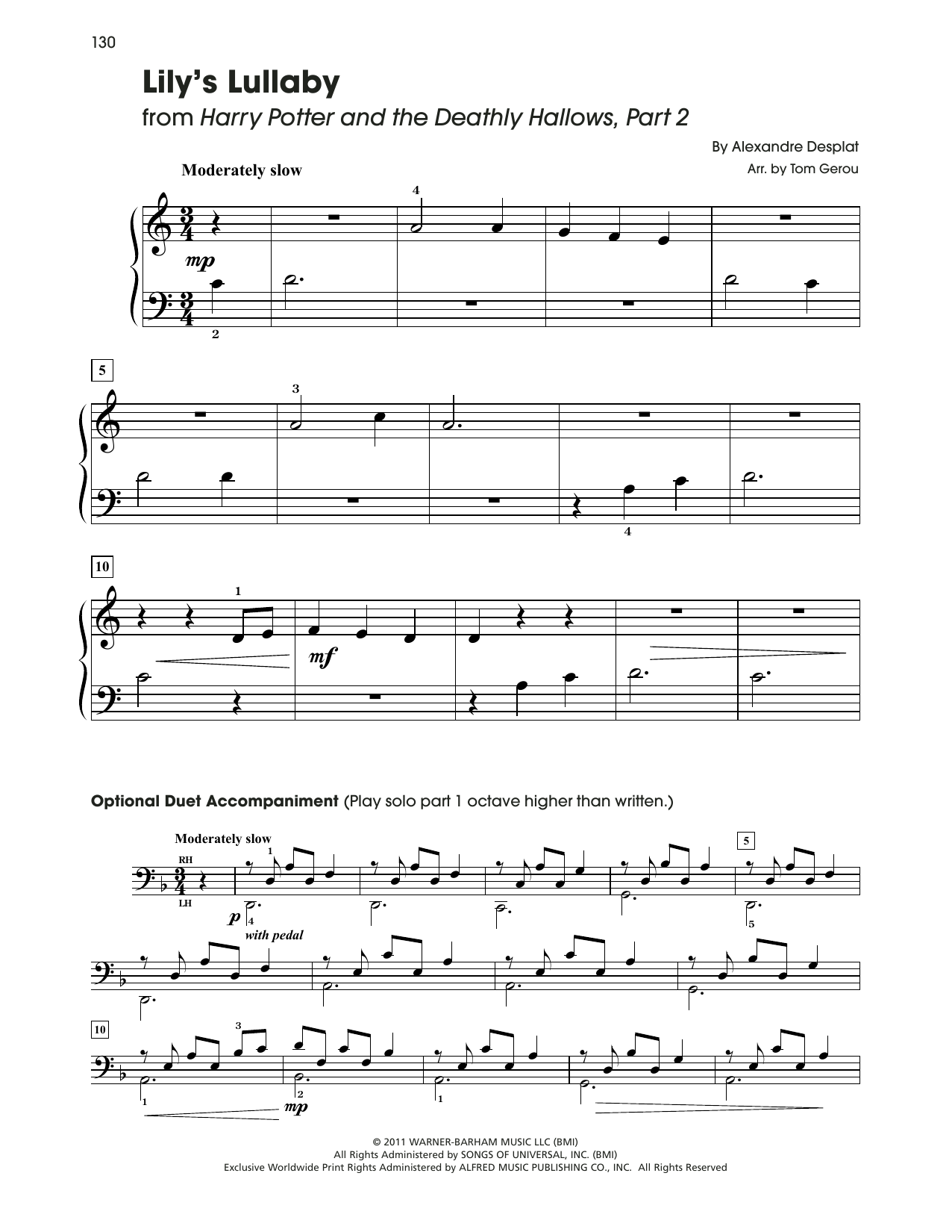 Download Alexandre Desplat Lily's Lullaby (from Harry Potter) (arr. Tom Gerou) Sheet Music and learn how to play 5-Finger Piano PDF digital score in minutes