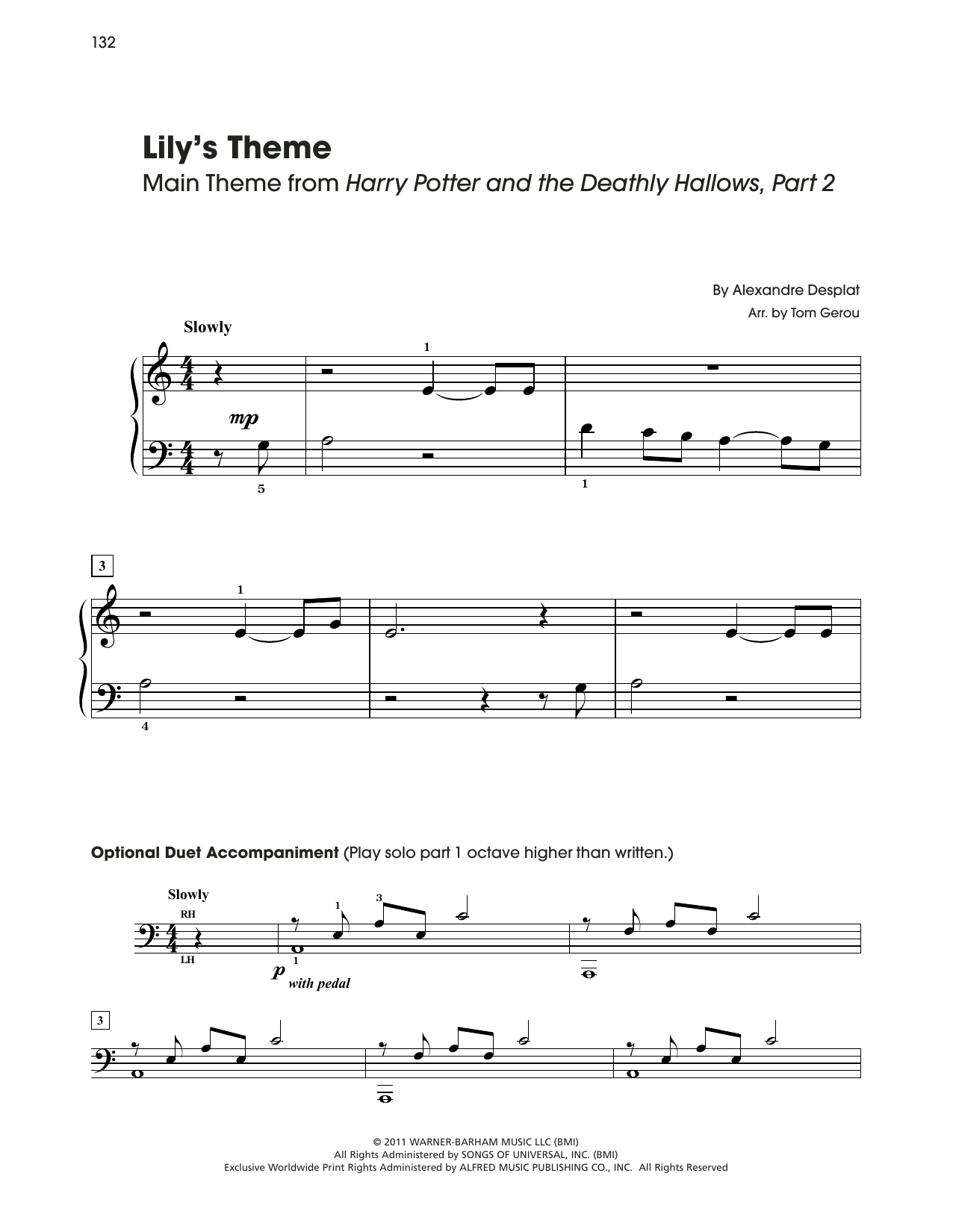 Download Alexandre Desplat Lily's Theme (from Harry Potter) (arr. Tom Gerou) Sheet Music and learn how to play 5-Finger Piano PDF digital score in minutes