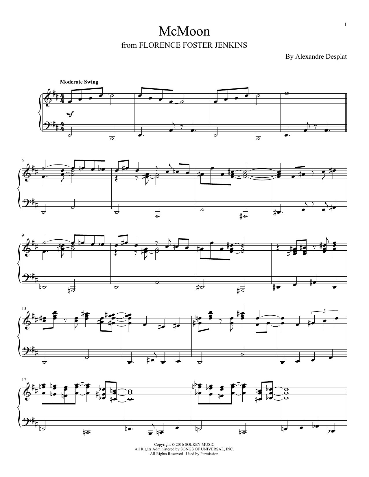 Download Alexandre Desplat McMoon Sheet Music and learn how to play Piano PDF digital score in minutes