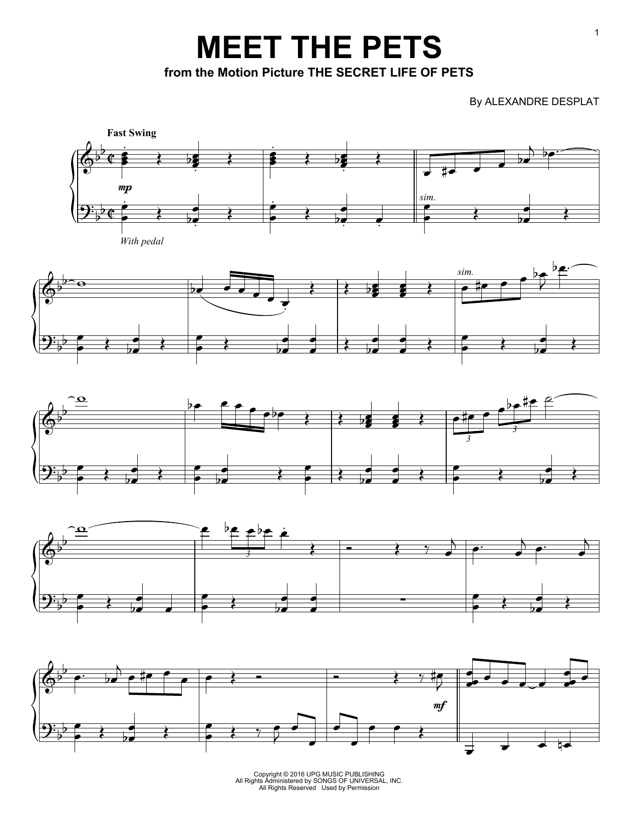 Download Alexandre Desplat Meet The Pets Sheet Music and learn how to play Piano PDF digital score in minutes