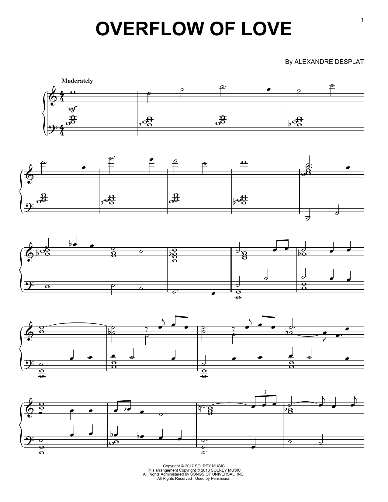 Download Alexandre Desplat Overflow Of Love (from 'The Shape Of Water') Sheet Music and learn how to play Piano PDF digital score in minutes