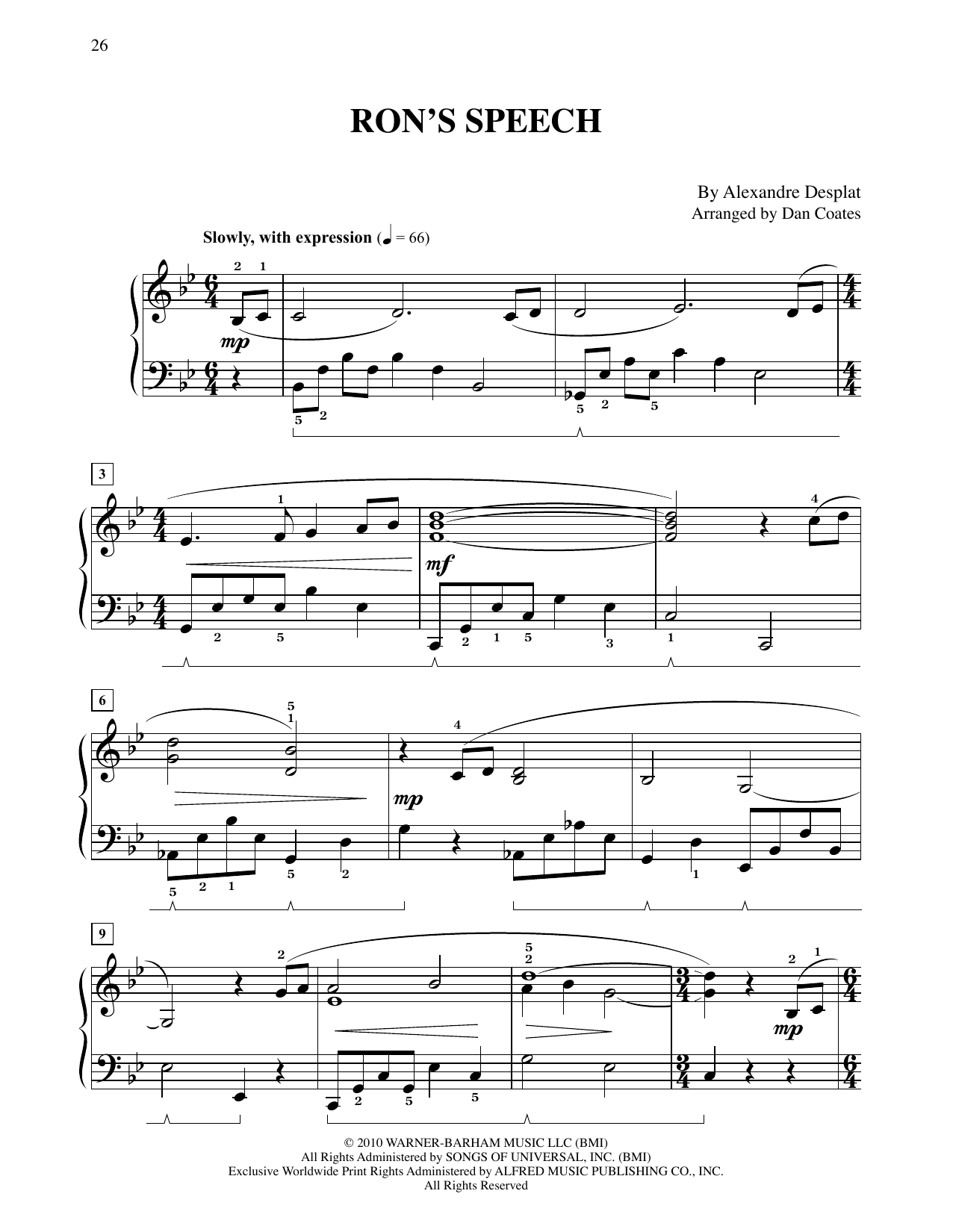 Download Alexandre Desplat Ron's Speech (from Harry Potter And The Deathly Gallows, Pt. 1) (arr. Dan Coates Sheet Music and learn how to play Easy Piano PDF digital score in minutes