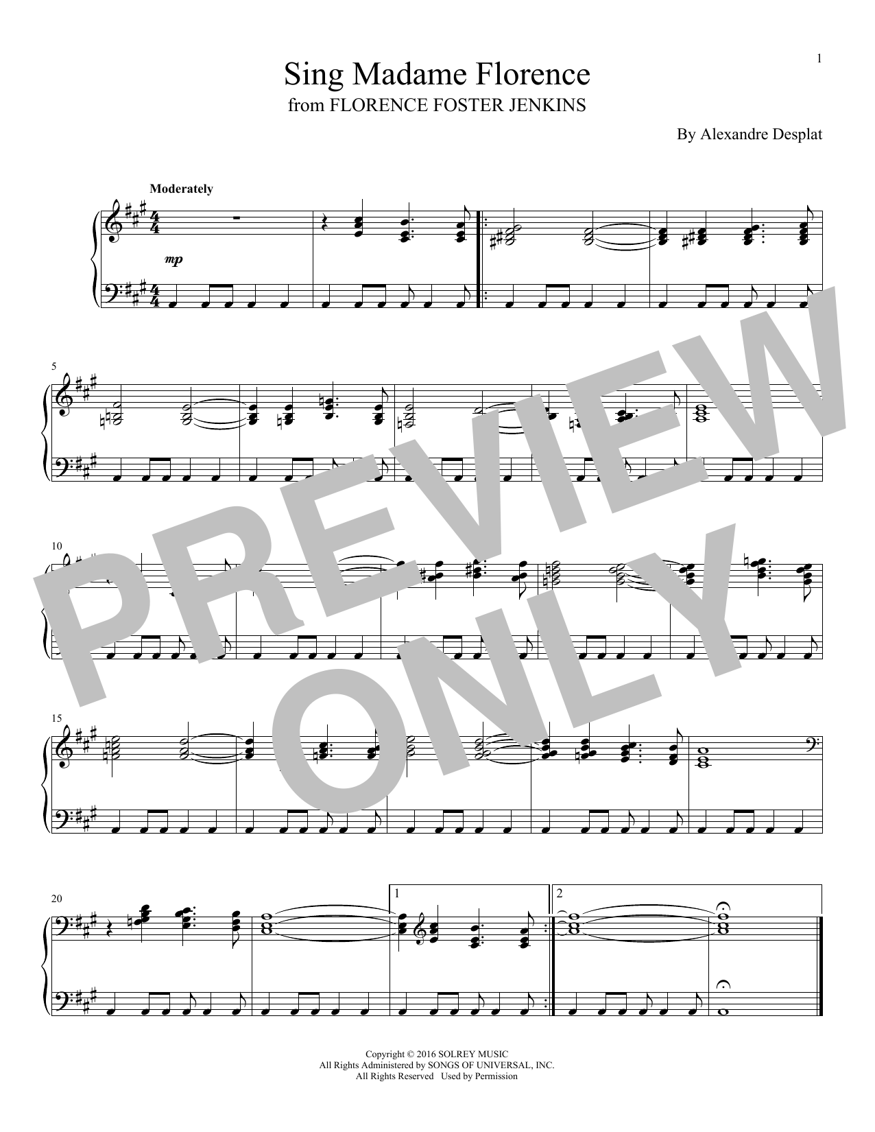 Download Alexandre Desplat Sing Madame Florence Sheet Music and learn how to play Piano PDF digital score in minutes