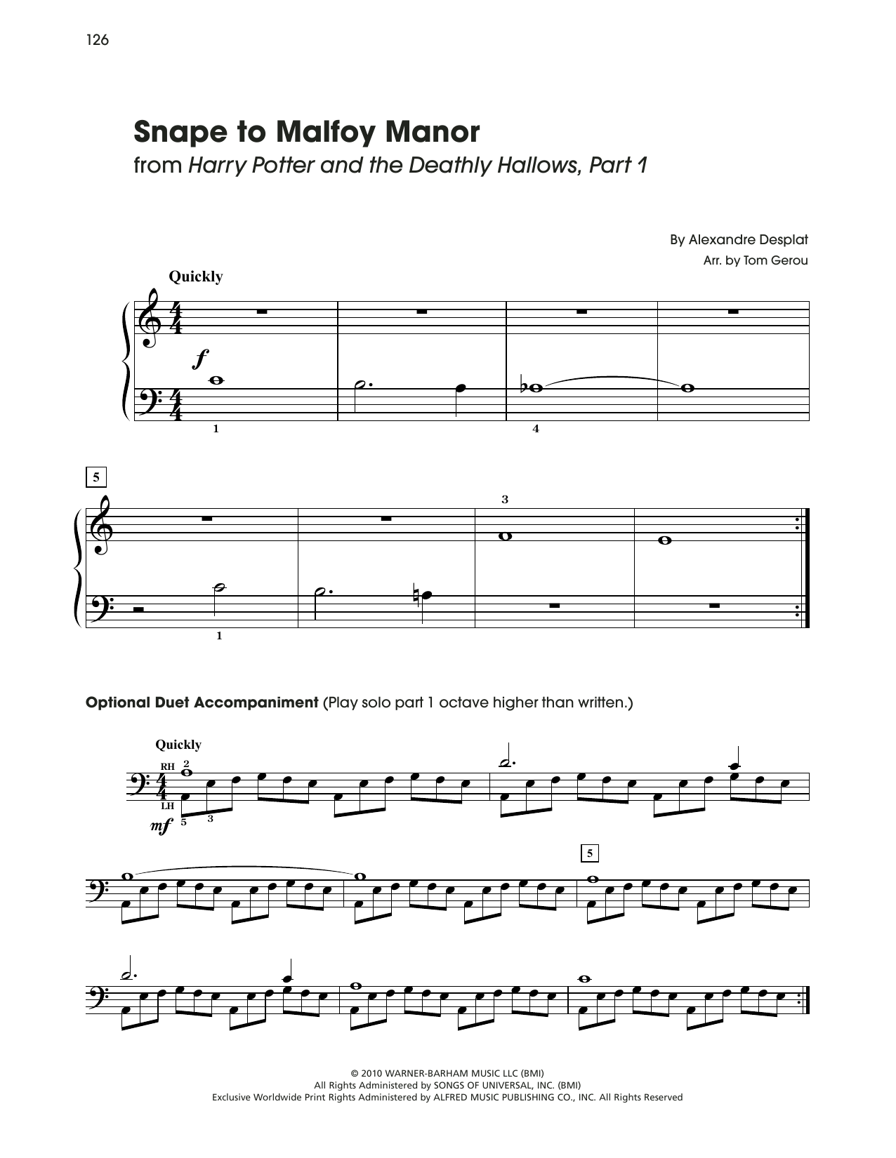 Download Alexandre Desplat Snape To Malfoy Manor (from Harry Potter) (arr. Tom Gerou) Sheet Music and learn how to play 5-Finger Piano PDF digital score in minutes