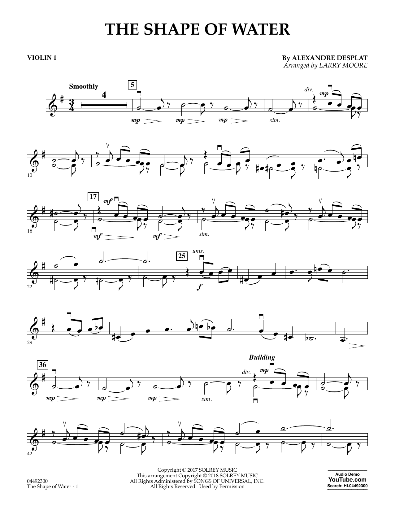 Download Alexandre Desplat The Shape of Water (arr. Larry Moore) - Violin 1 Sheet Music and learn how to play Orchestra PDF digital score in minutes