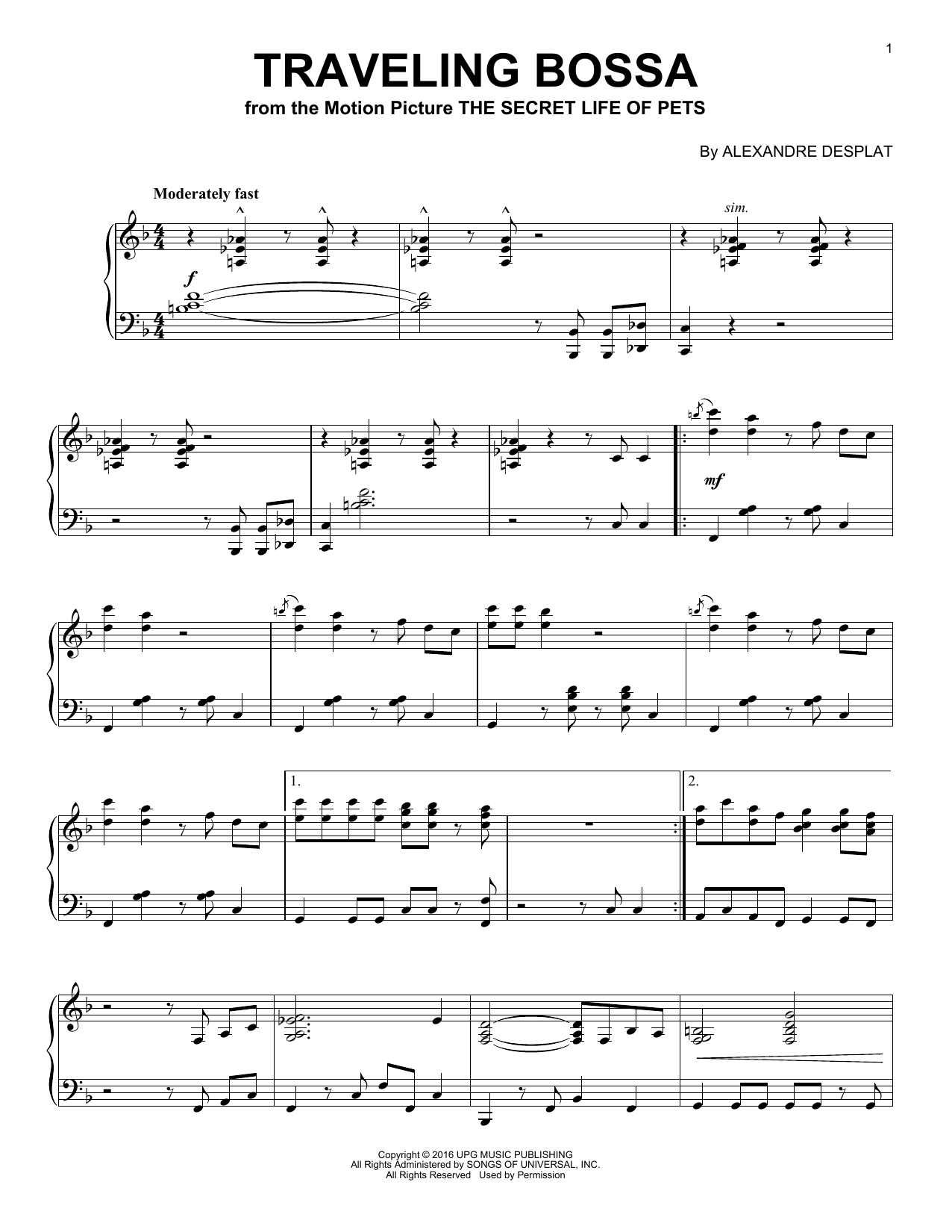 Download Alexandre Desplat Traveling Bossa Sheet Music and learn how to play Piano PDF digital score in minutes