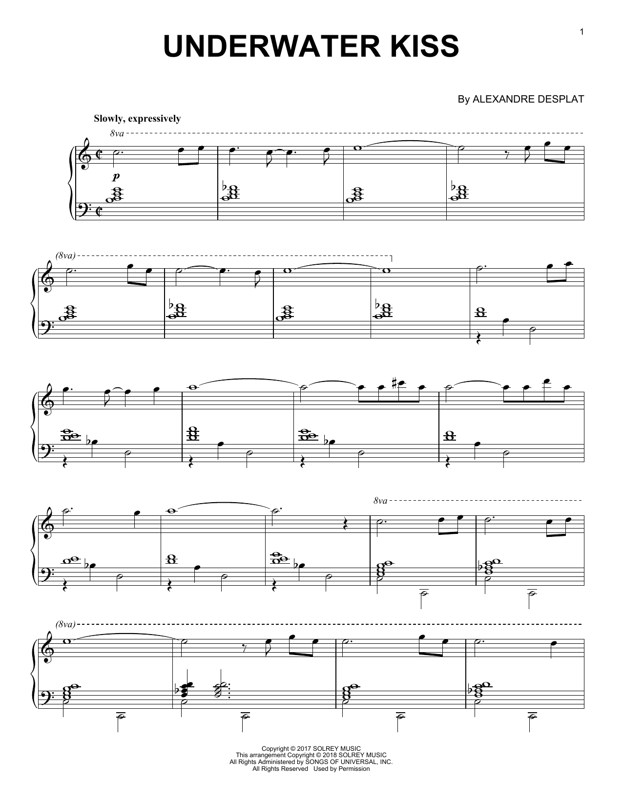 Download Alexandre Desplat Underwater Kiss (from 'The Shape Of Water') Sheet Music and learn how to play Piano PDF digital score in minutes