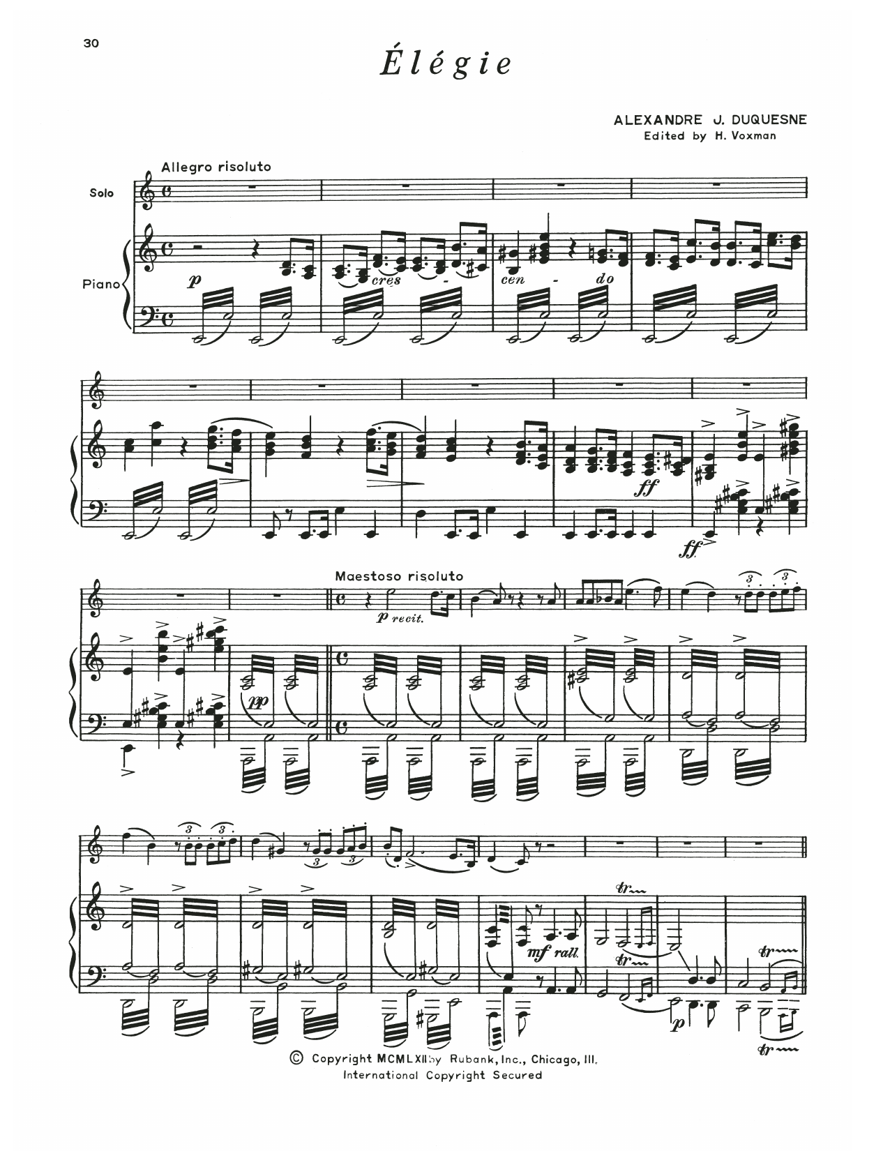 Download Alexandre Duquesne Elegie Sheet Music and learn how to play Baritone B.C. and Piano PDF digital score in minutes