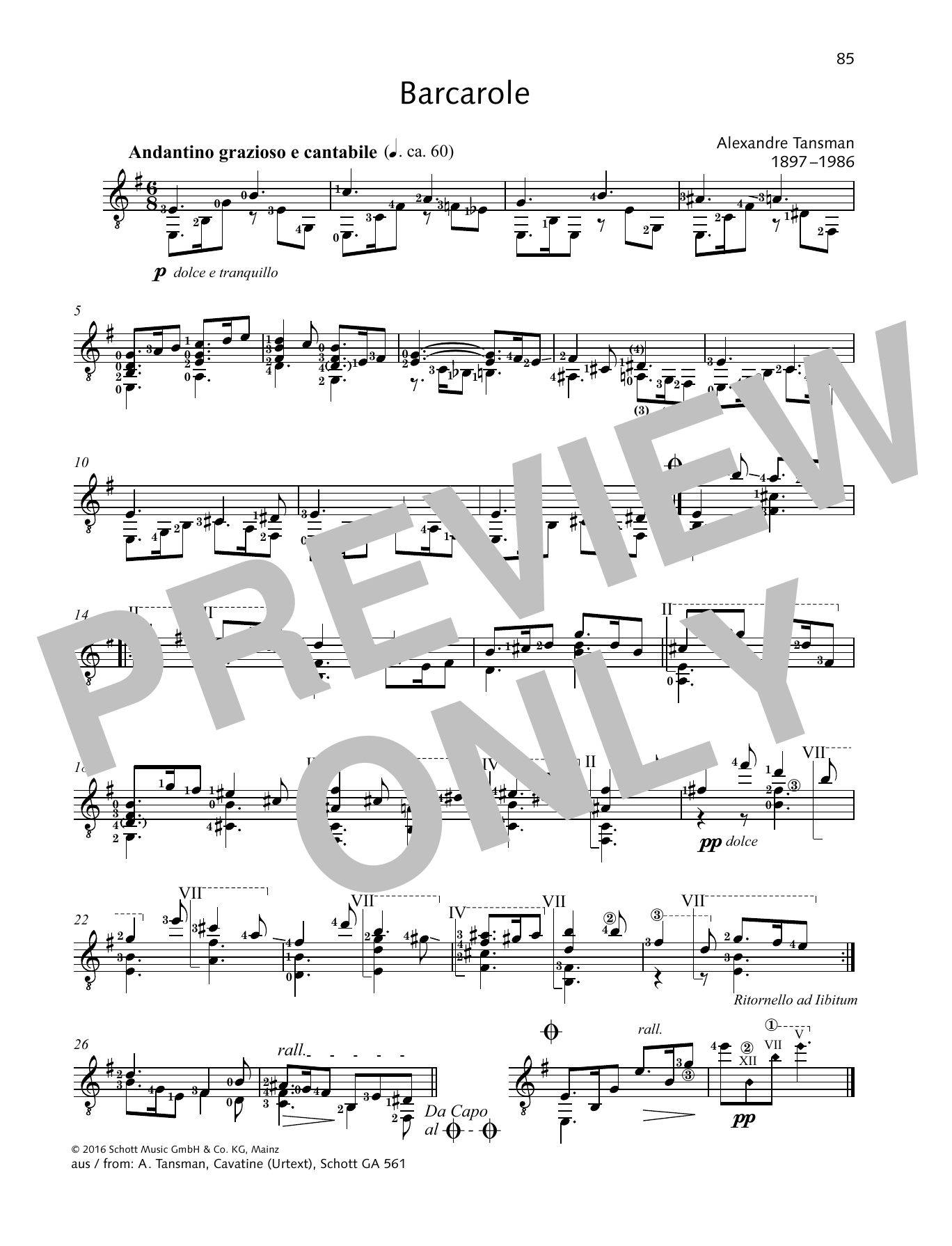 Download Alexandre Tansman Barcarole Sheet Music and learn how to play Solo Guitar PDF digital score in minutes