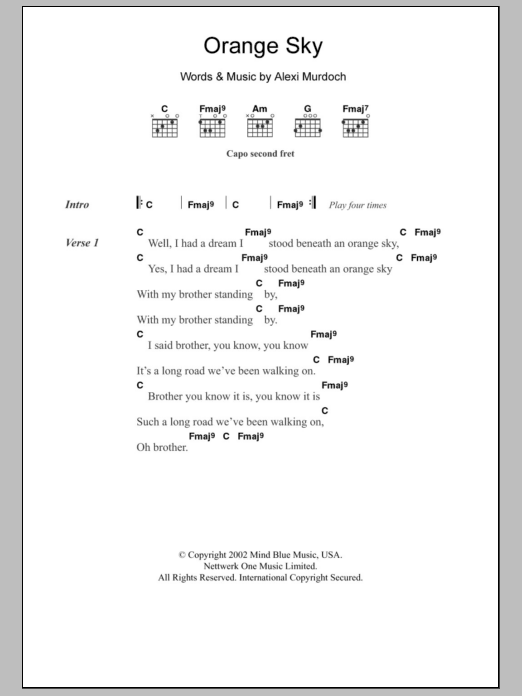 Download Alexi Murdoch Orange Sky Sheet Music and learn how to play Lyrics & Chords PDF digital score in minutes