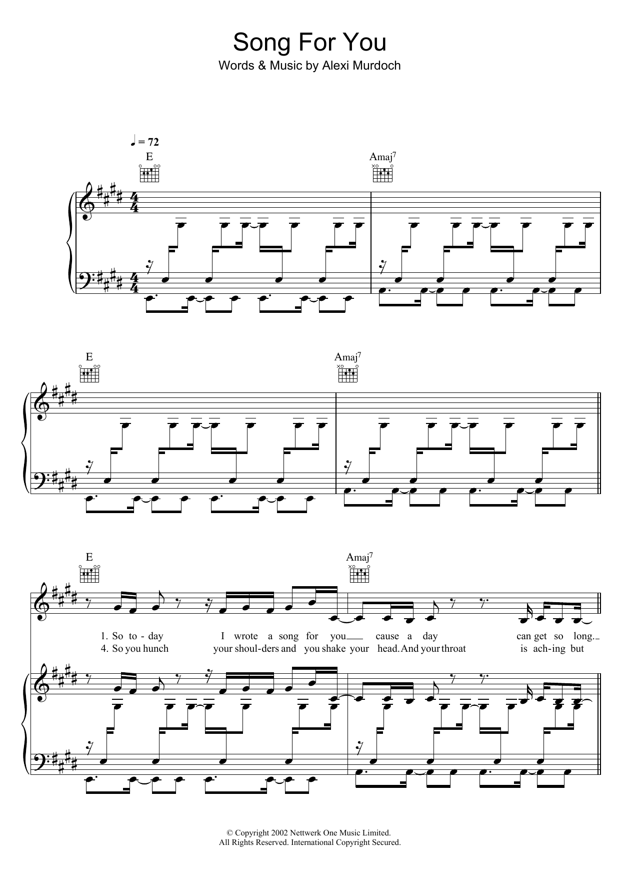 Download Alexi Murdoch Song For You Sheet Music and learn how to play Piano, Vocal & Guitar (Right-Hand Melody) PDF digital score in minutes