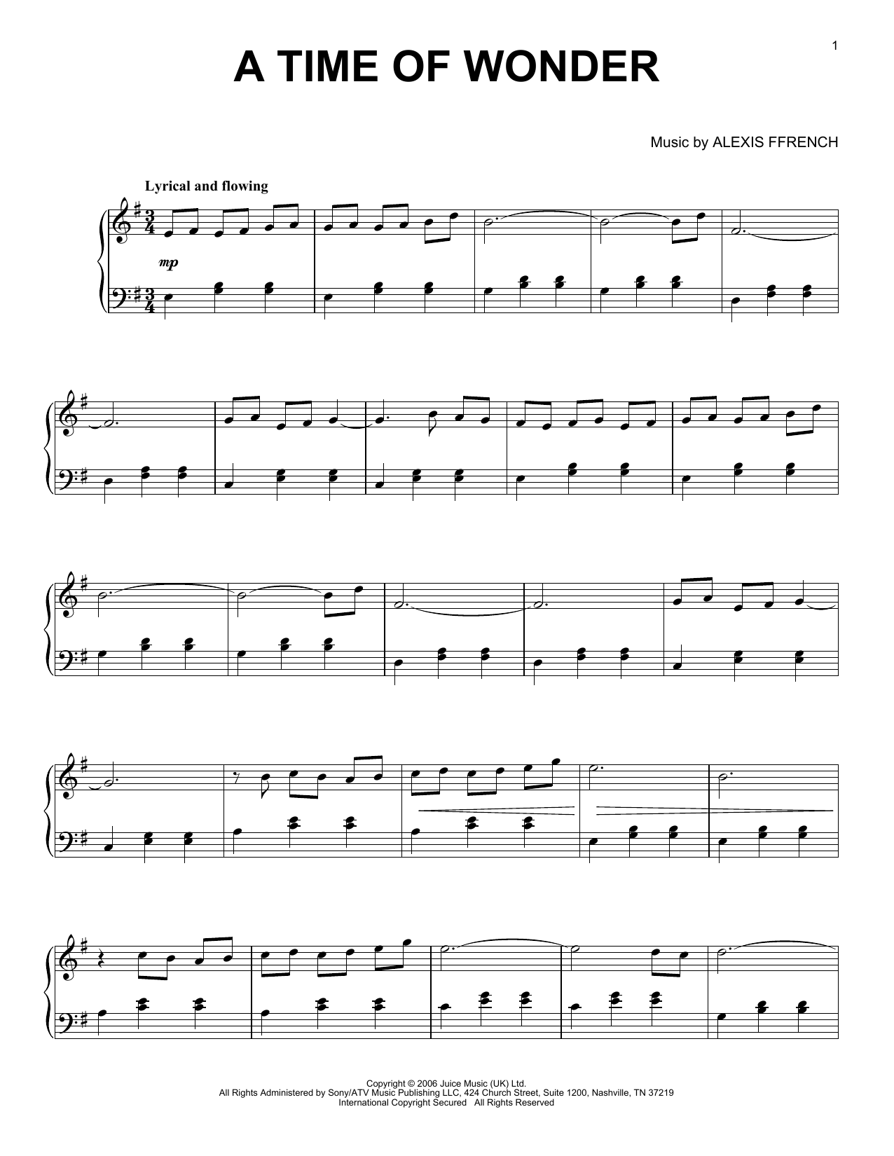 Download Alexis Ffrench A Time Of Wonder Sheet Music and learn how to play Piano Solo PDF digital score in minutes