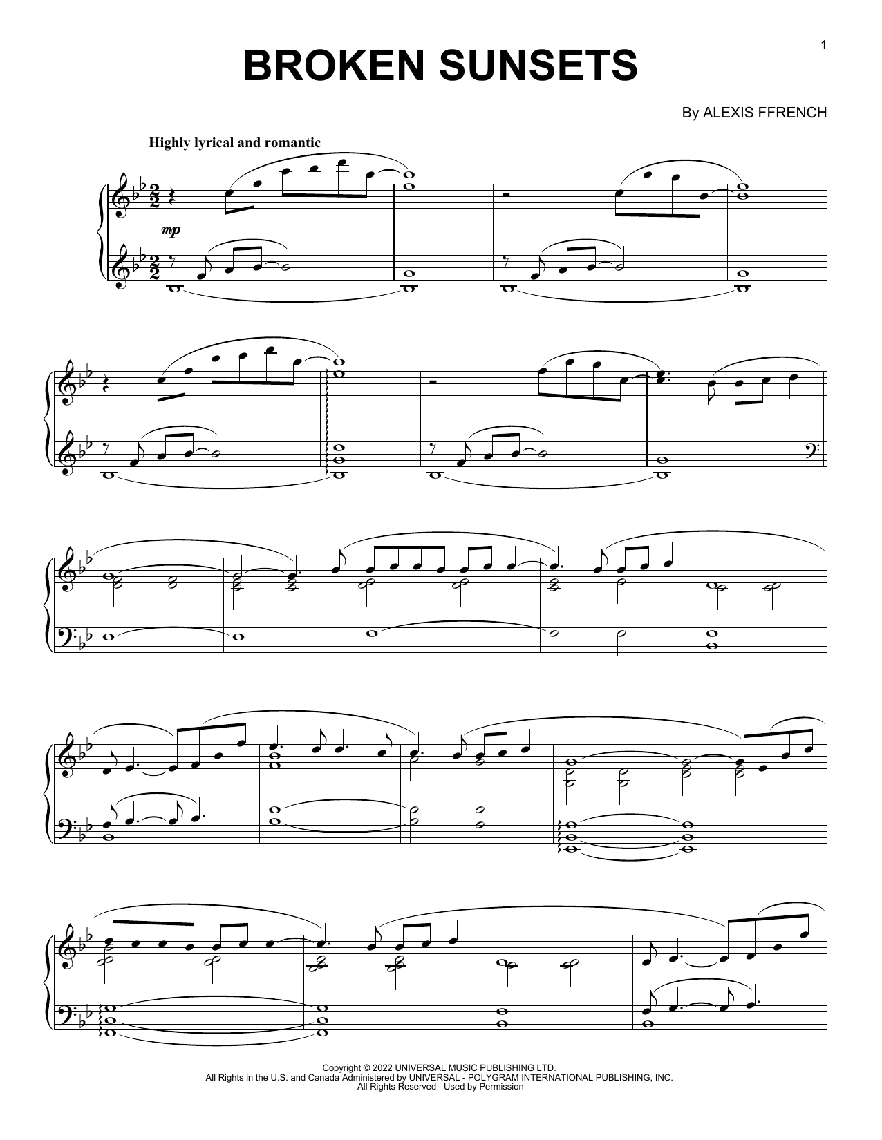 Download Alexis Ffrench Broken Sunsets Sheet Music and learn how to play Piano Solo PDF digital score in minutes