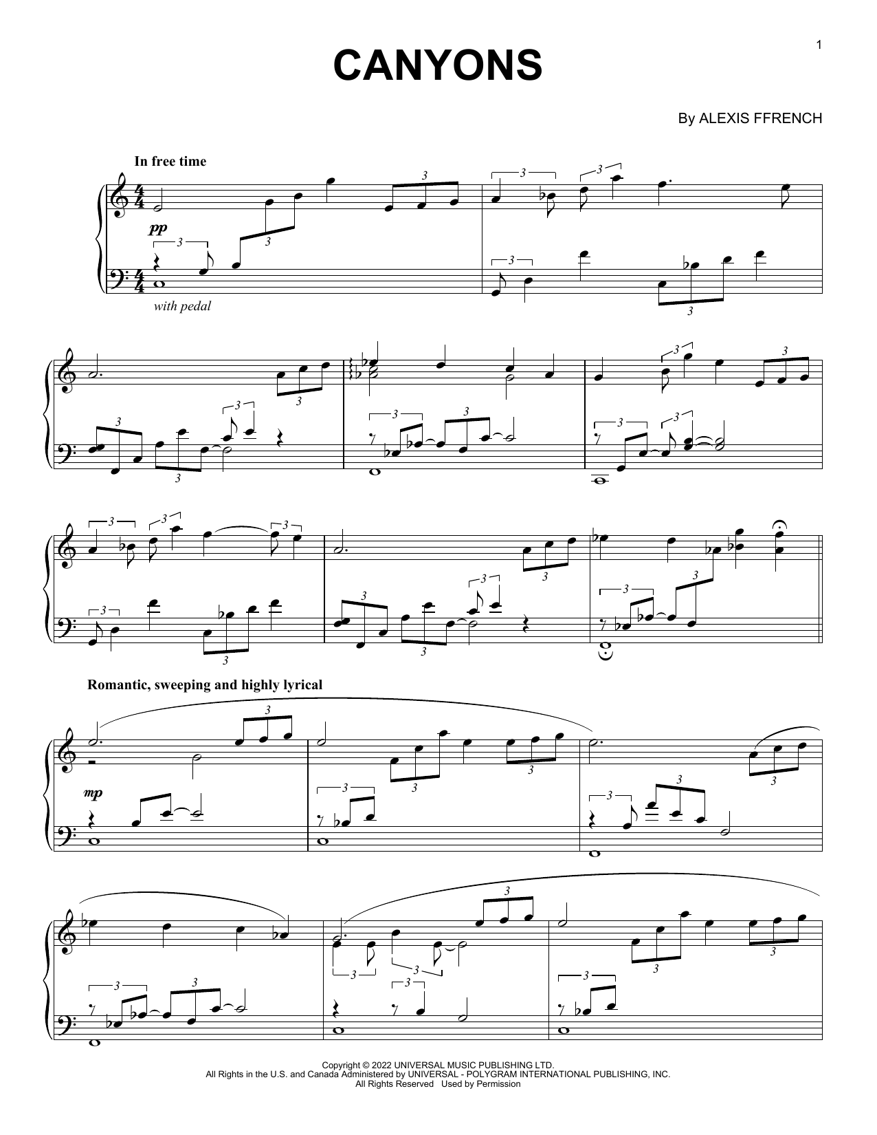 Download Alexis Ffrench Canyons Sheet Music and learn how to play Piano Solo PDF digital score in minutes