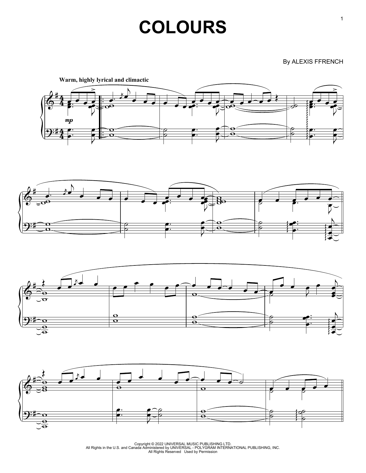 Download Alexis Ffrench Colours Sheet Music and learn how to play Piano Solo PDF digital score in minutes