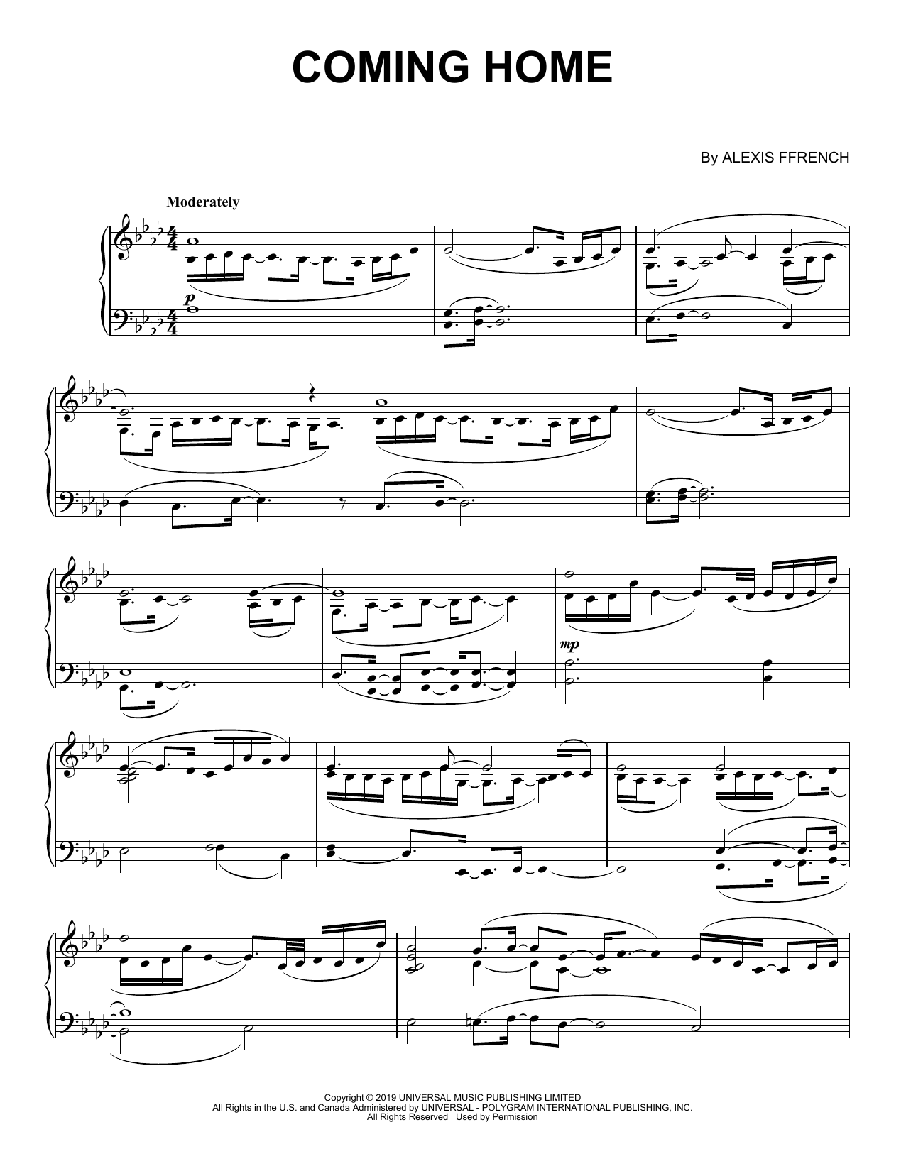 Download Alexis Ffrench Coming Home Sheet Music and learn how to play Piano Solo PDF digital score in minutes