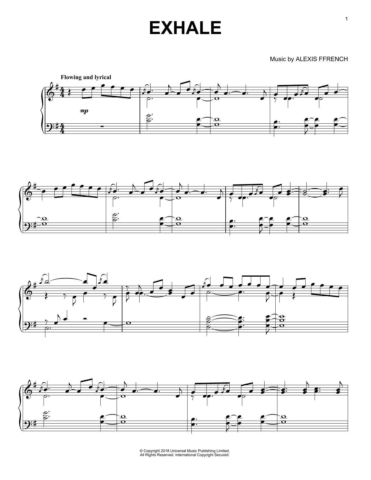 Download Alexis Ffrench Exhale Sheet Music and learn how to play Piano Solo PDF digital score in minutes