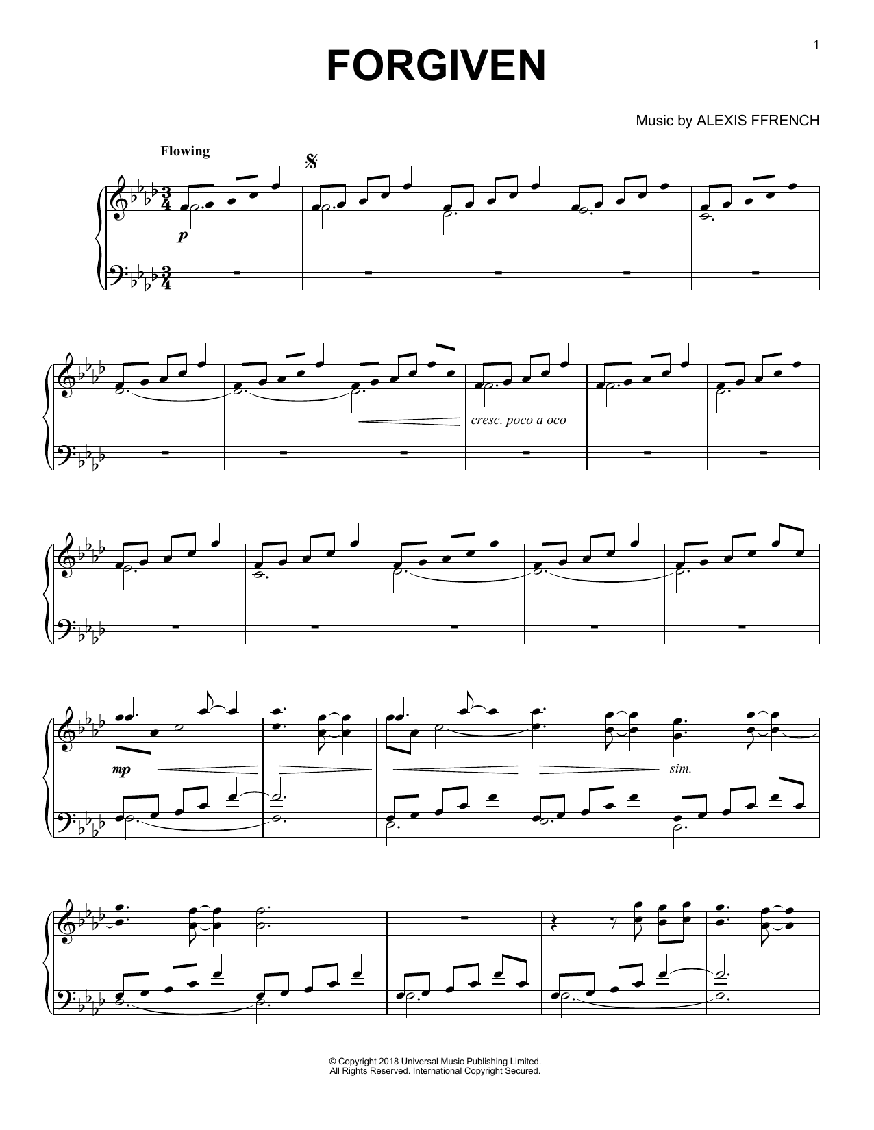 Download Alexis Ffrench Forgiven Sheet Music and learn how to play Piano Solo PDF digital score in minutes