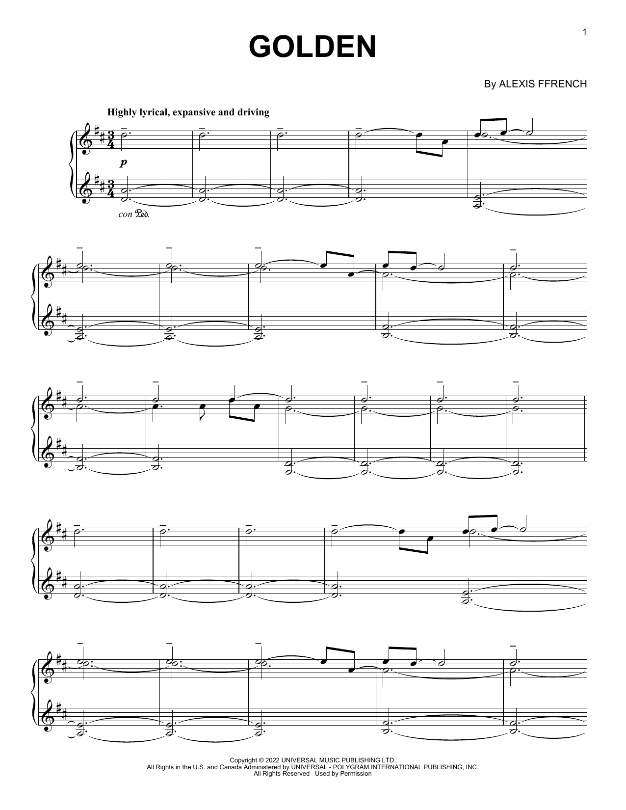 Download Alexis Ffrench Golden Sheet Music and learn how to play Piano Solo PDF digital score in minutes