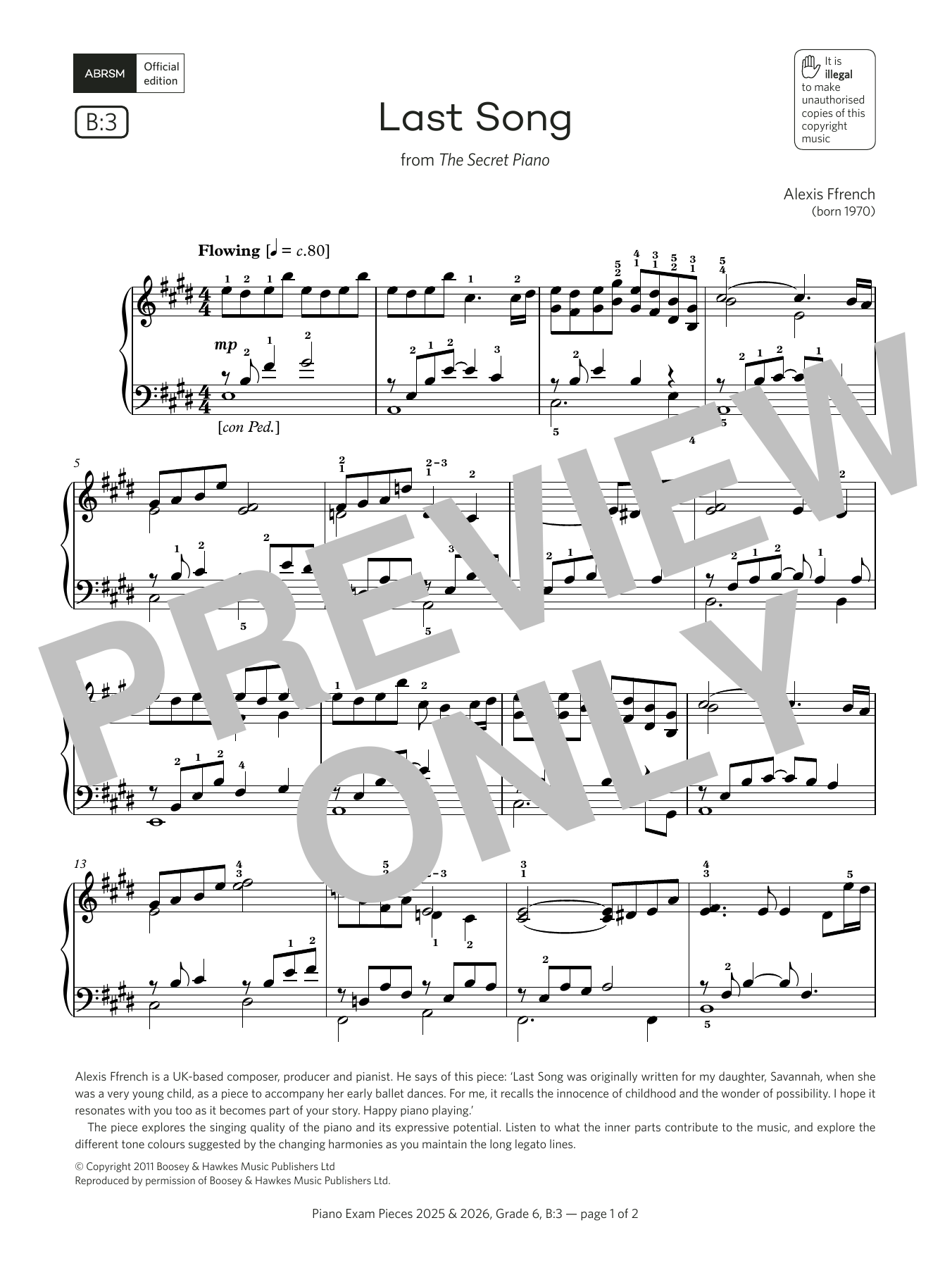 Download Alexis Ffrench Last Song (Grade 6, list B3, from the ABRSM Piano Syllabus 2025 & 2026) Sheet Music and learn how to play Piano Solo PDF digital score in minutes