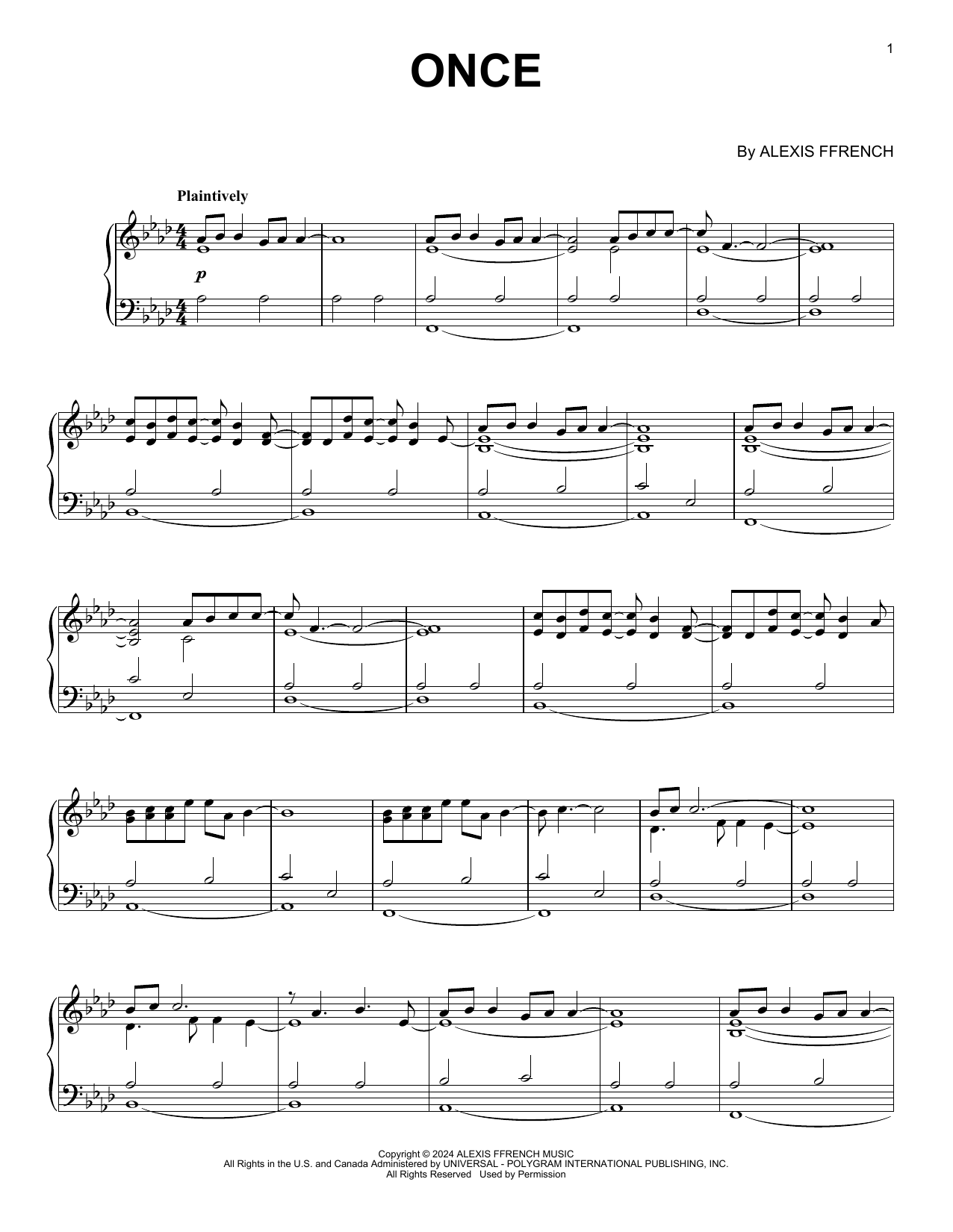 Download Alexis Ffrench Once Sheet Music and learn how to play Piano Solo PDF digital score in minutes