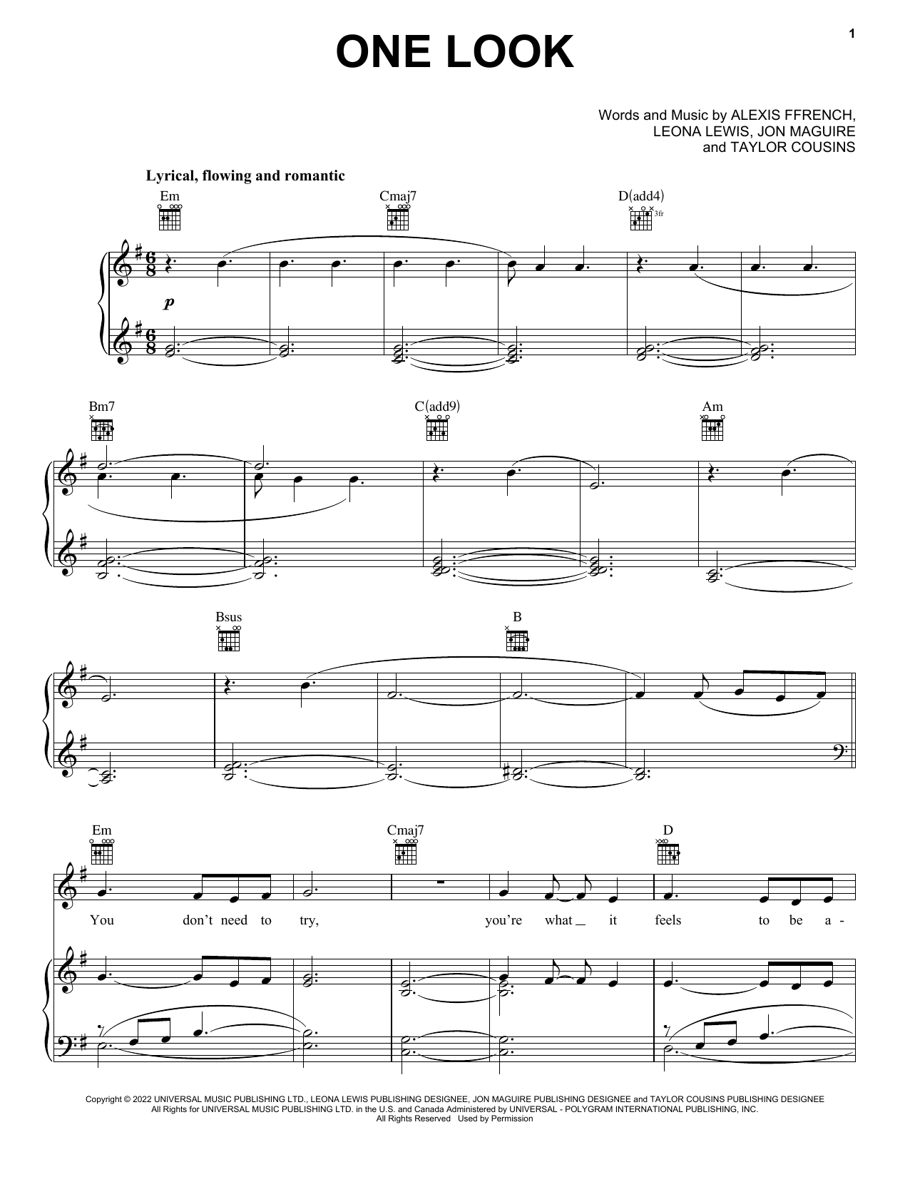 Download Alexis Ffrench One Look (feat. Leona Lewis) Sheet Music and learn how to play Piano, Vocal & Guitar Chords (Right-Hand Melody) PDF digital score in minutes