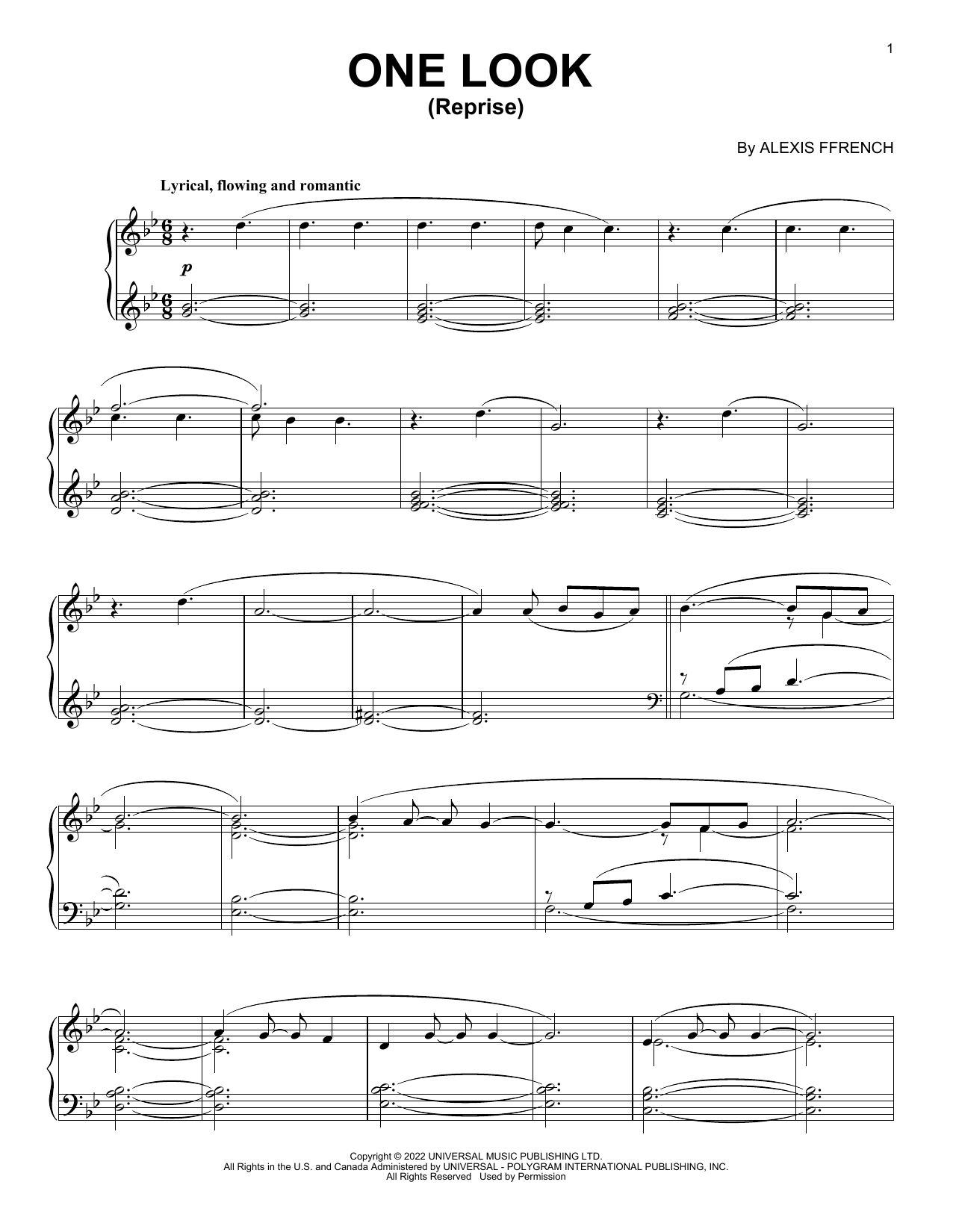 Download Alexis Ffrench One Look (Reprise) Sheet Music and learn how to play Piano Solo PDF digital score in minutes