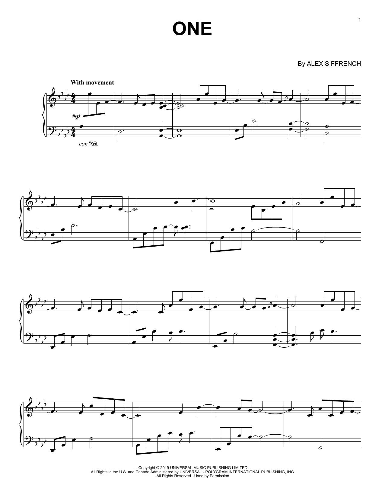 Download Alexis Ffrench One Sheet Music and learn how to play Piano Solo PDF digital score in minutes