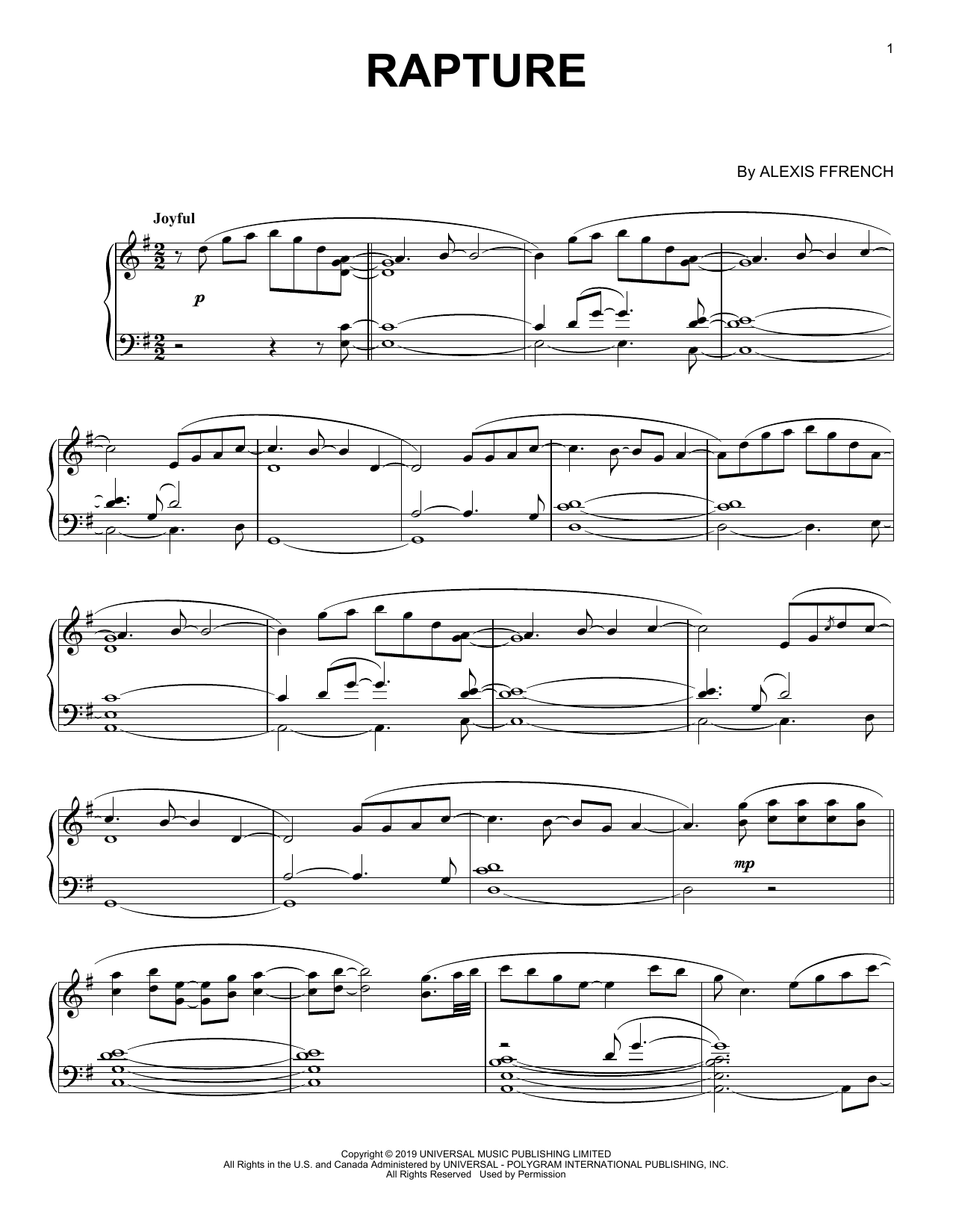 Download Alexis Ffrench Rapture Sheet Music and learn how to play Piano Solo PDF digital score in minutes