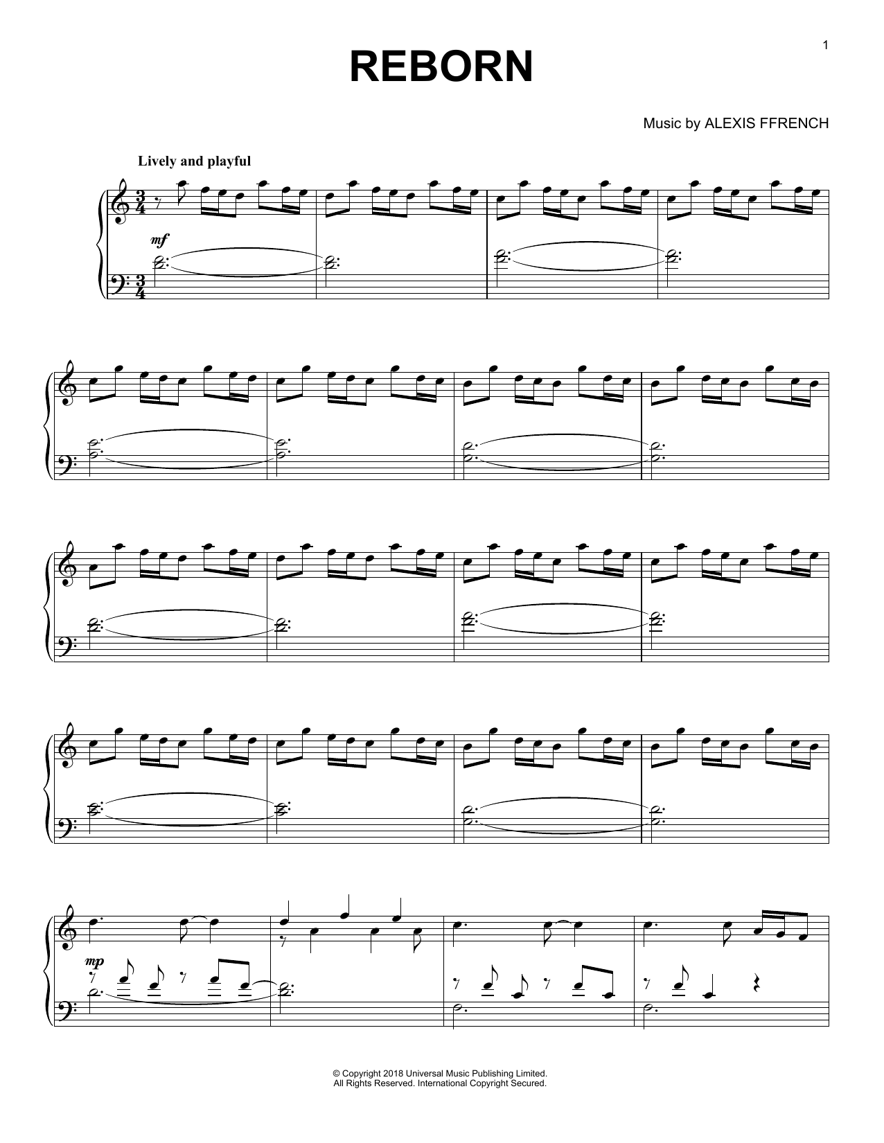 Download Alexis Ffrench Reborn Sheet Music and learn how to play Piano Solo PDF digital score in minutes