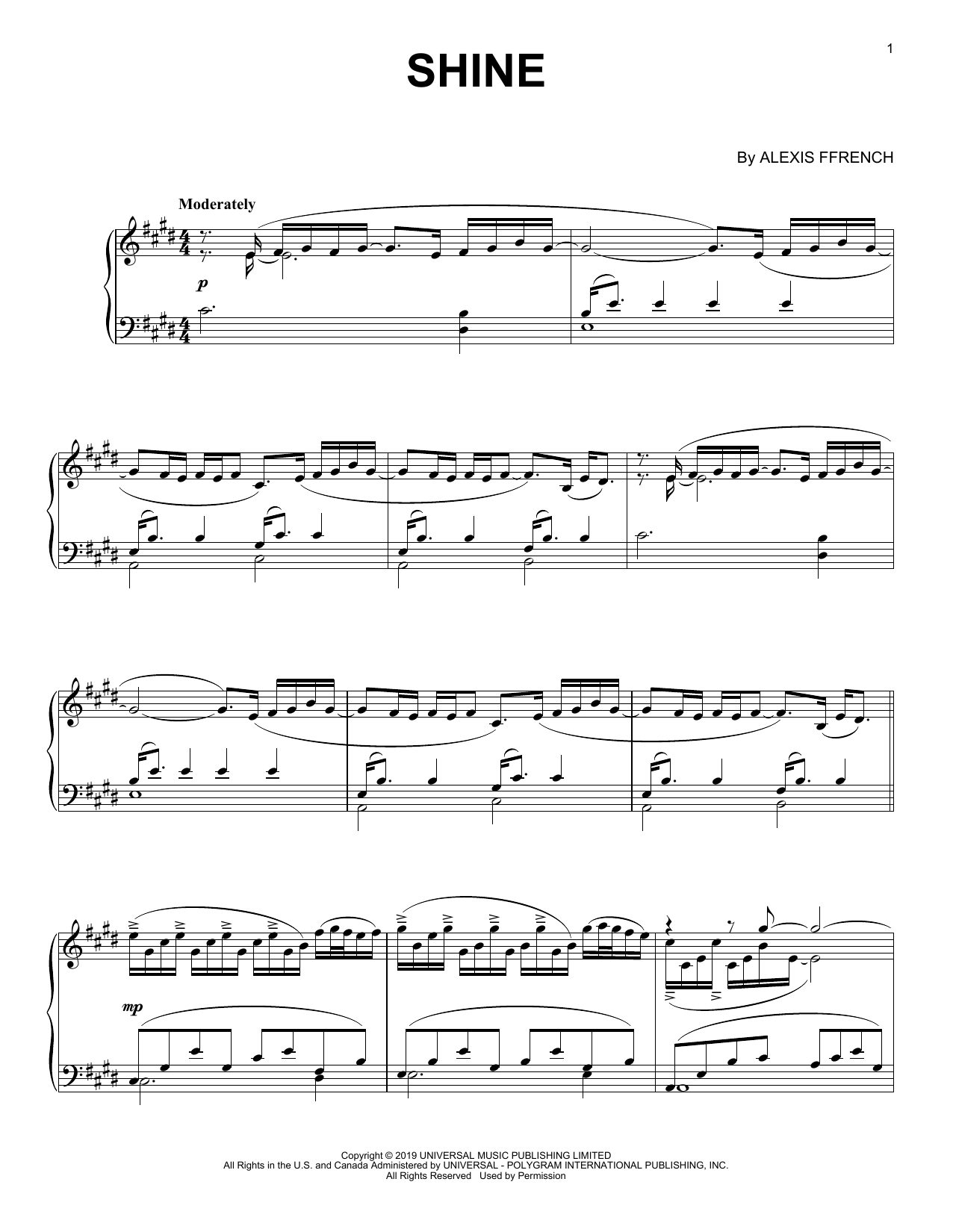Download Alexis Ffrench Shine Sheet Music and learn how to play Piano Solo PDF digital score in minutes