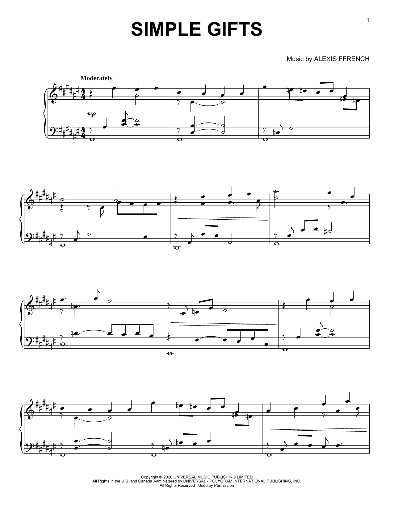 Download Alexis Ffrench Simple Gifts Sheet Music and learn how to play Piano Solo PDF digital score in minutes