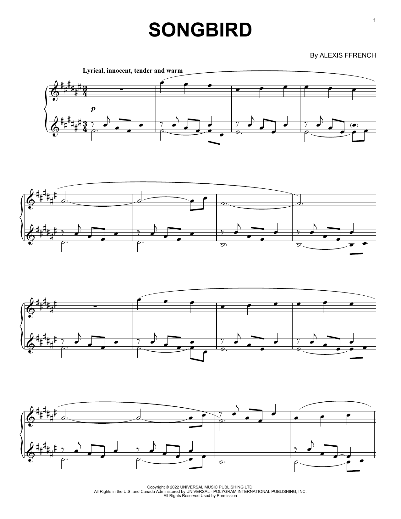 Download Alexis Ffrench Songbird Sheet Music and learn how to play Piano Solo PDF digital score in minutes