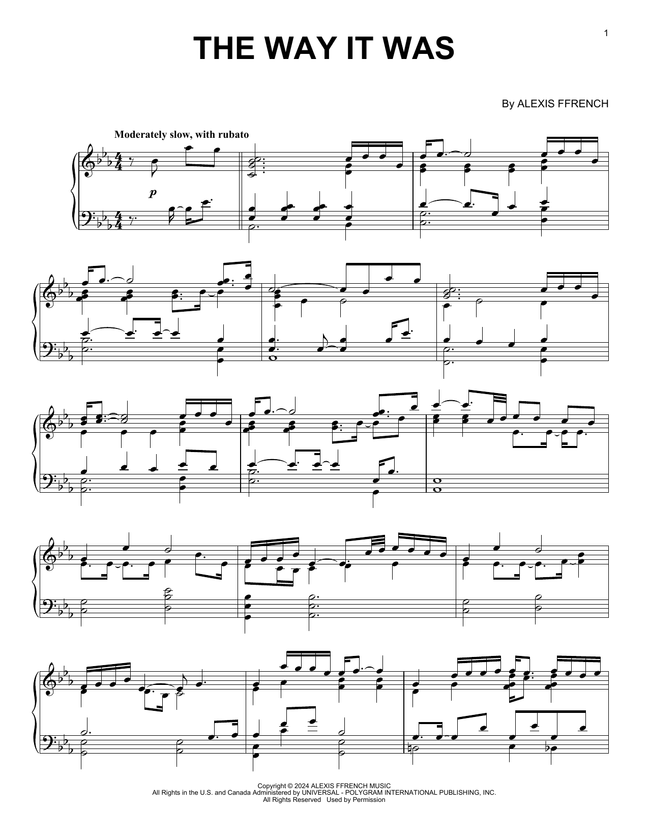 Download Alexis Ffrench The Way It Was Sheet Music and learn how to play Piano Solo PDF digital score in minutes