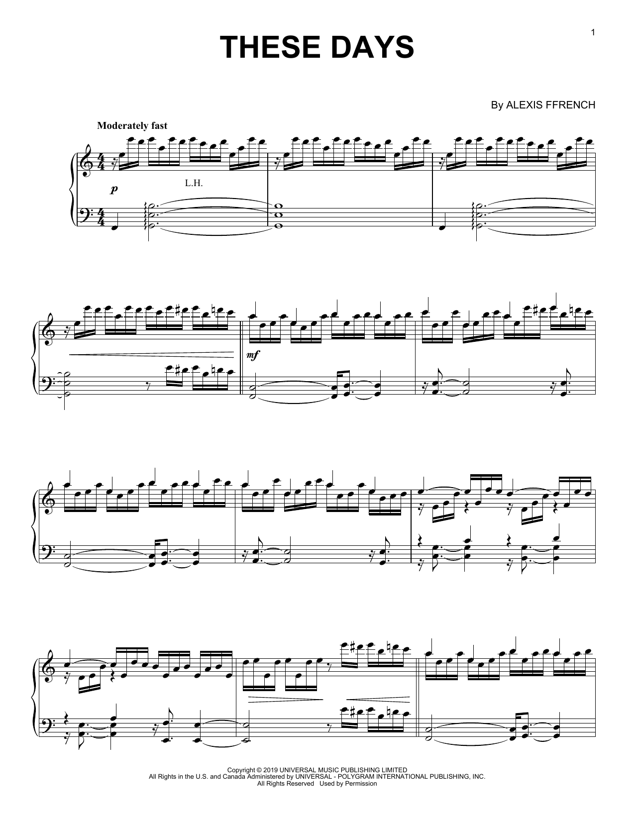 Download Alexis Ffrench These Days Sheet Music and learn how to play Piano Solo PDF digital score in minutes