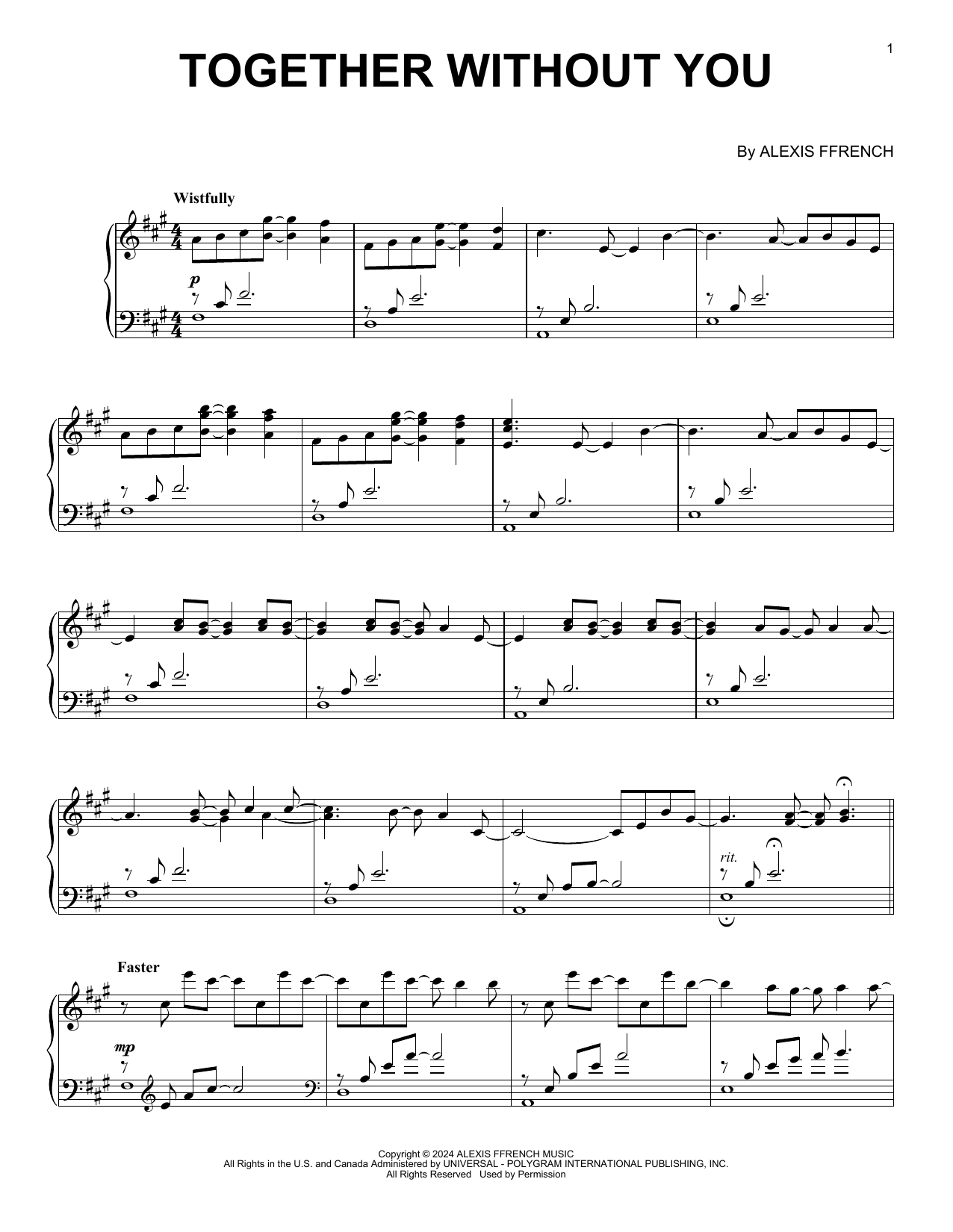 Download Alexis Ffrench Together Without You Sheet Music and learn how to play Piano Solo PDF digital score in minutes