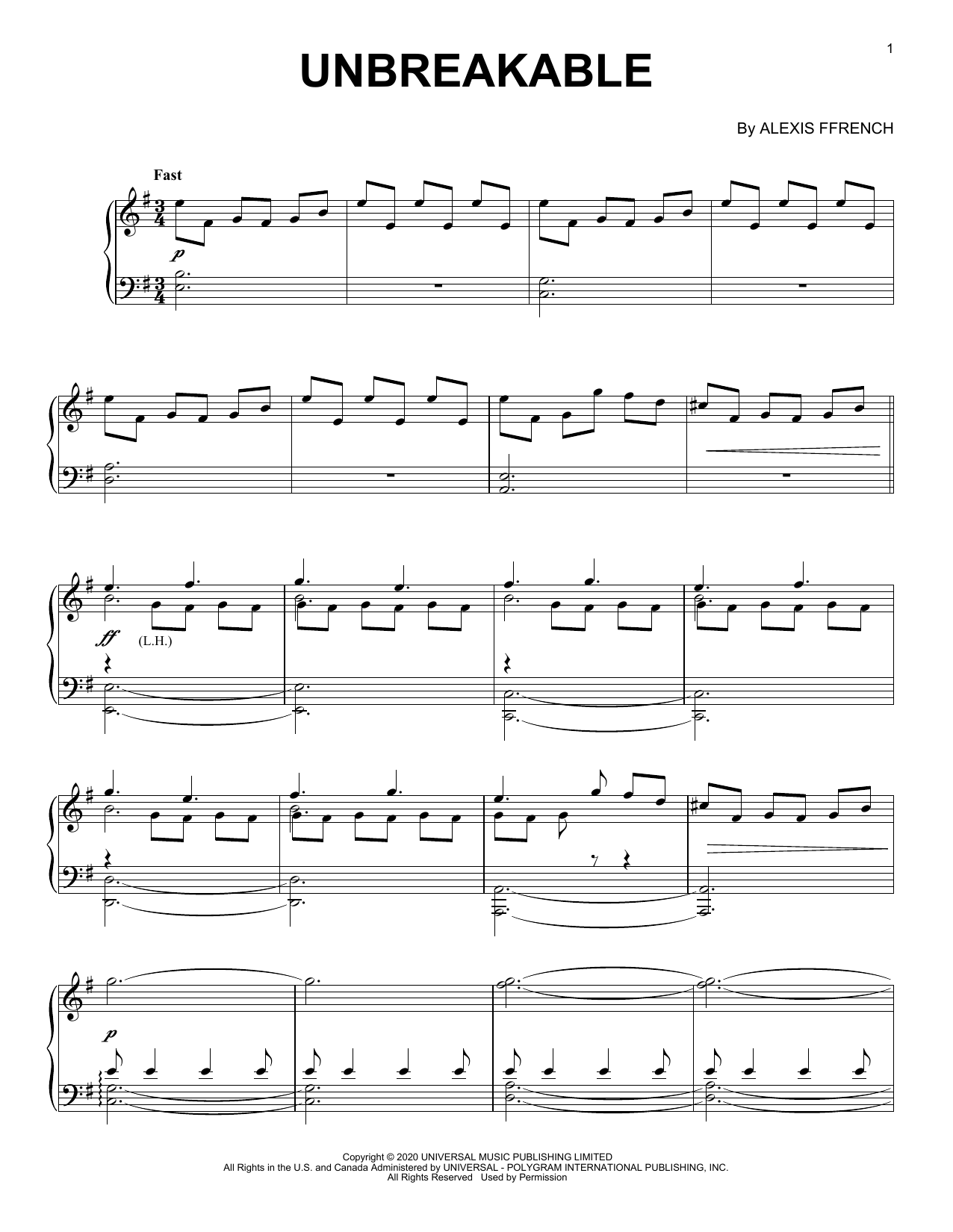 Download Alexis Ffrench Unbreakable Sheet Music and learn how to play Piano Solo PDF digital score in minutes