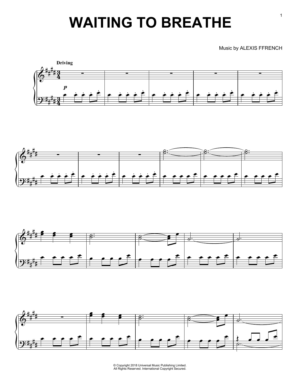 Download Alexis Ffrench Waiting To Breathe Sheet Music and learn how to play Piano Solo PDF digital score in minutes